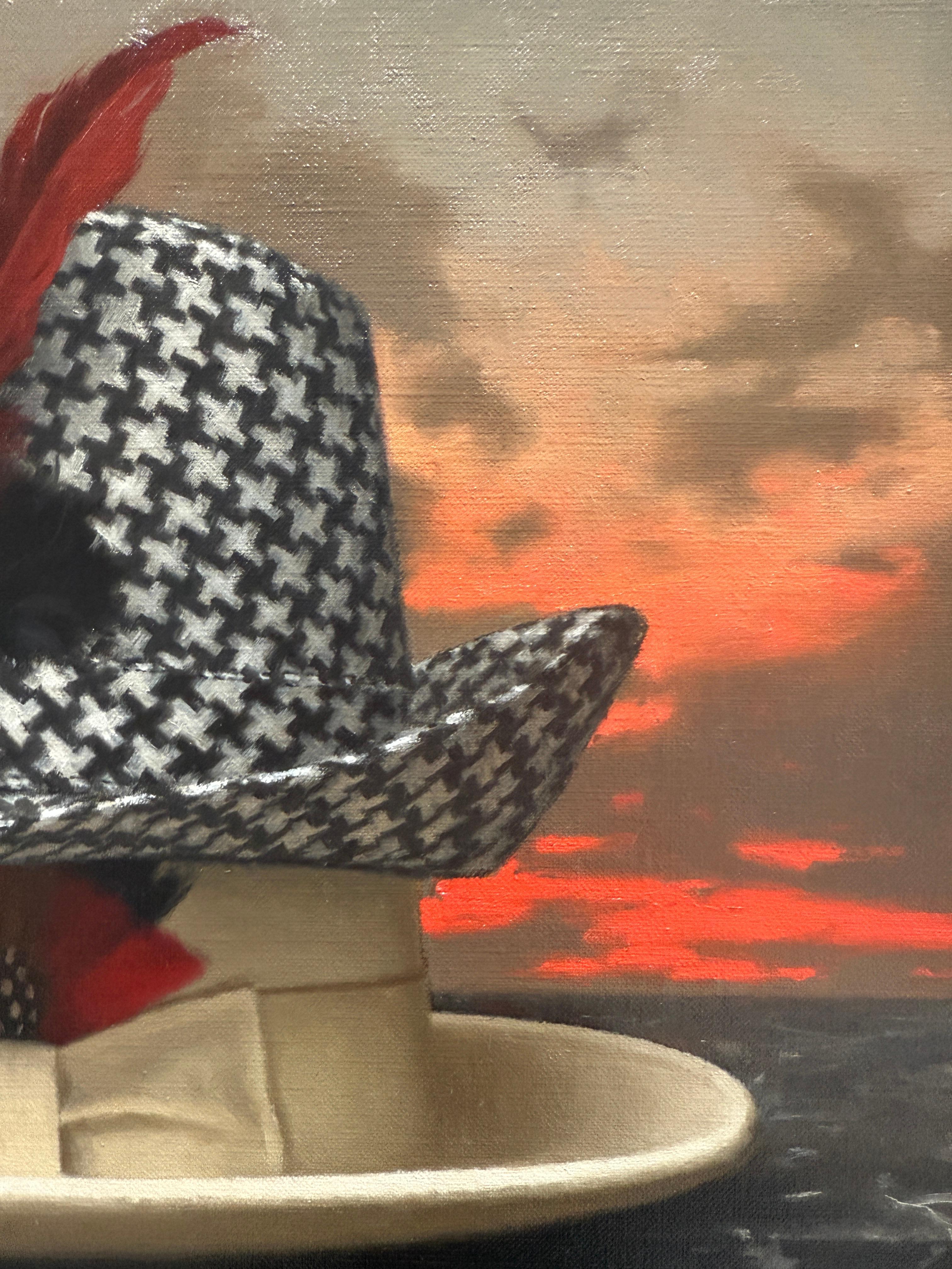 “The Houndstooth Hat” oil painting, poetic realism, two fedora hats with sunset For Sale 4