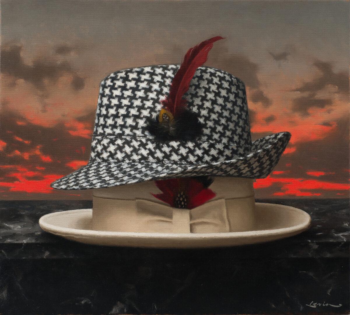 Steven Levin Still-Life Painting - “The Houndstooth Hat” oil painting, poetic realism, two fedora hats with sunset