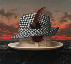 “The Houndstooth Hat” oil painting, poetic realism, two fedora hats with sunset