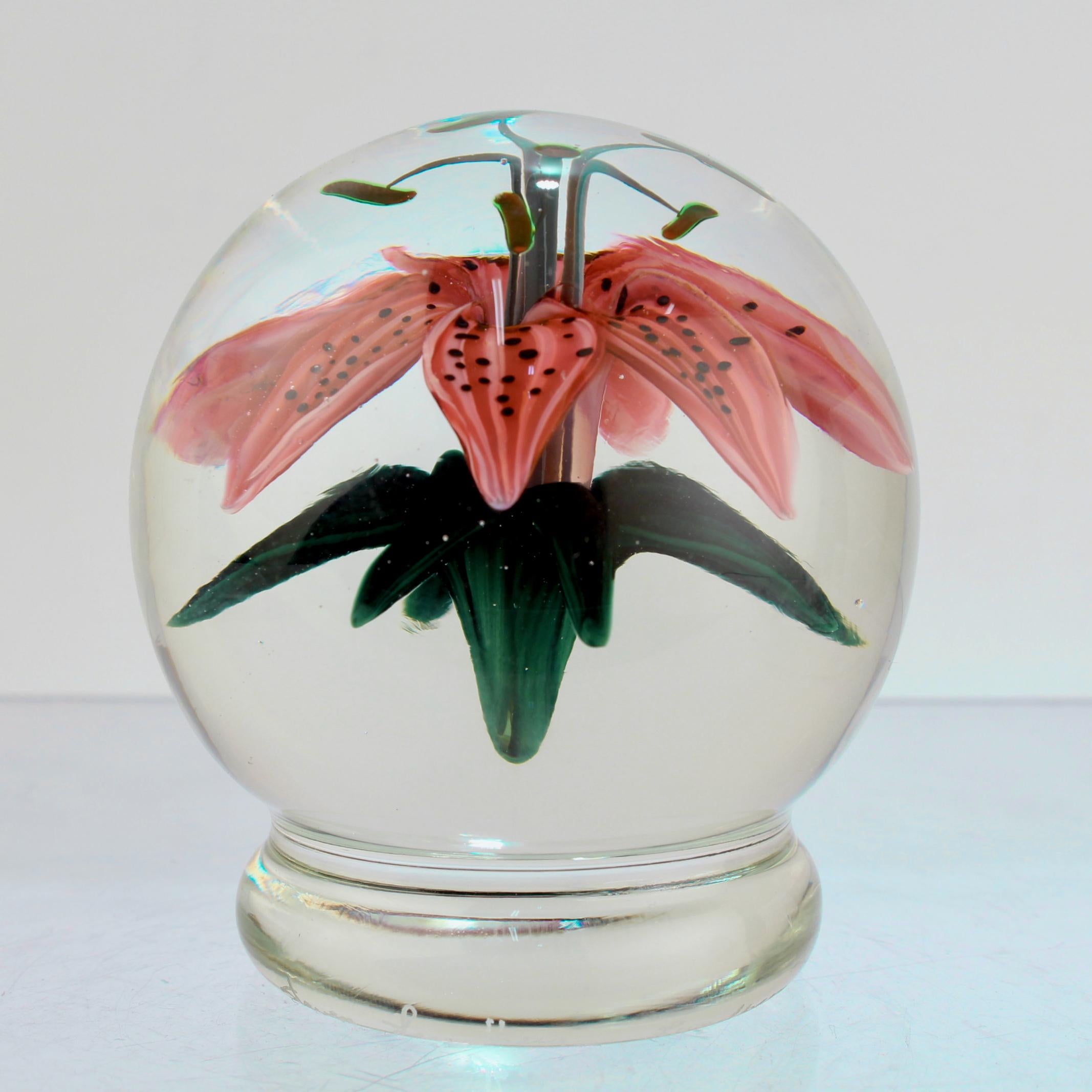 Modern Steven Lundberg / Lundberg Studios Glass Tiger Lily Pedestal Paperweight For Sale