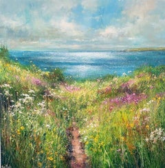 Footpath to the Sea-original floral seascape painting-contemporary landscape art