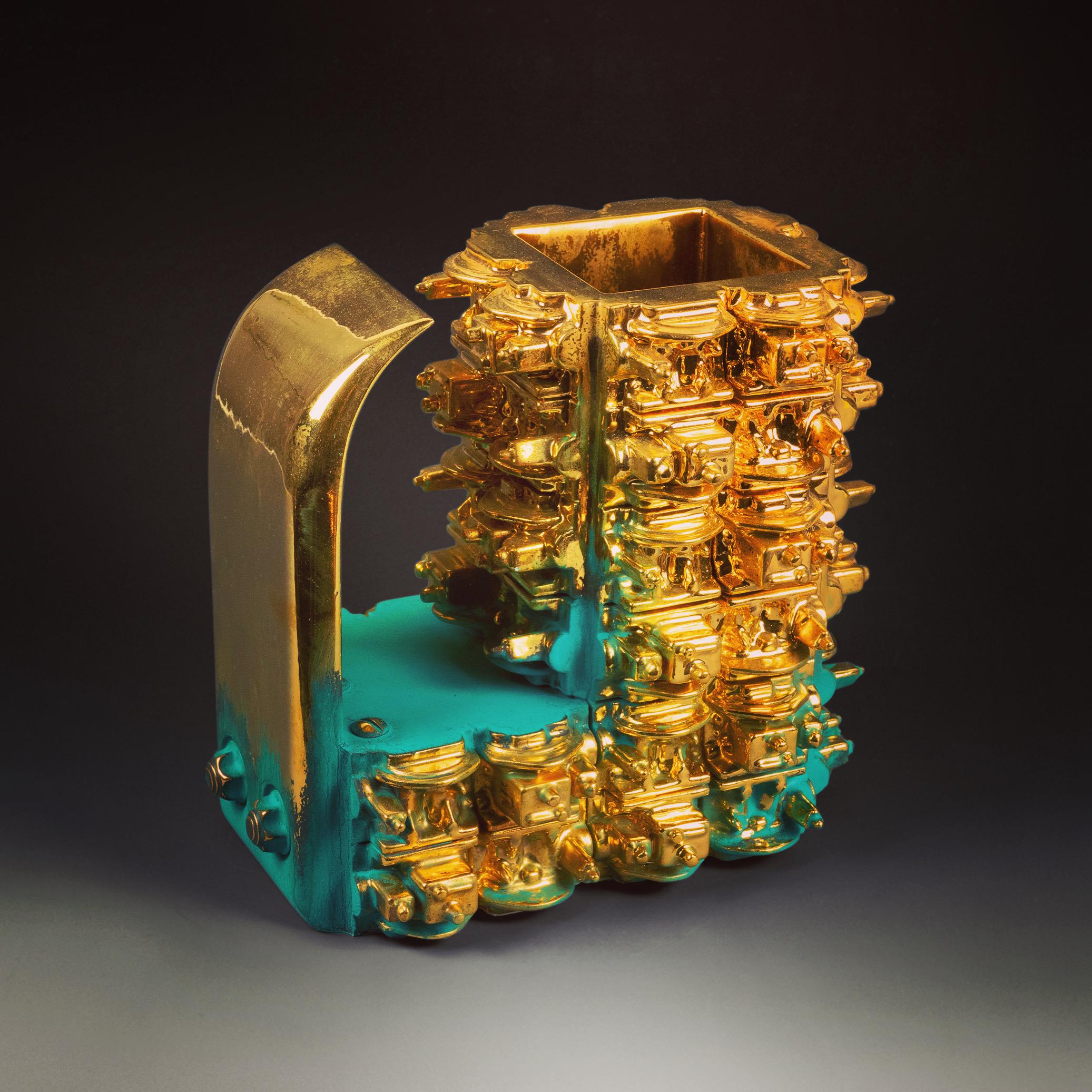 Contemporary, Ceramic, Sculpture, Gold Luster, Glaze, Euclidean Large Stein

Born in Detroit, Steven Montgomery’s work revels in a history of industry and aging as the artist uses porcelain to produce intricate mechanical forms with the appearance