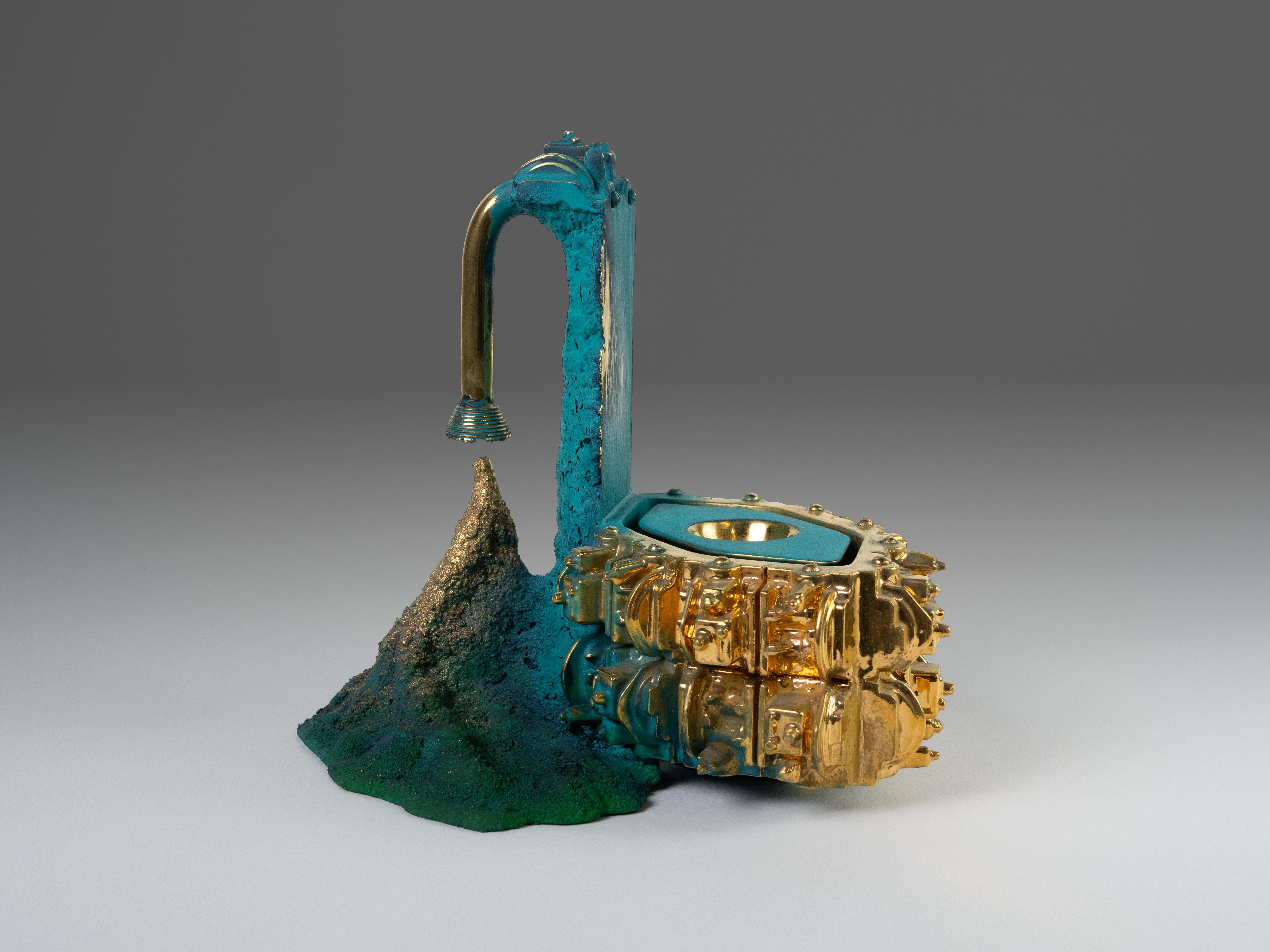 "Euclidean Cup with Spigot, Production Slag", Earthenware, Gold Luster, Paint - Sculpture by Steven Montgomery