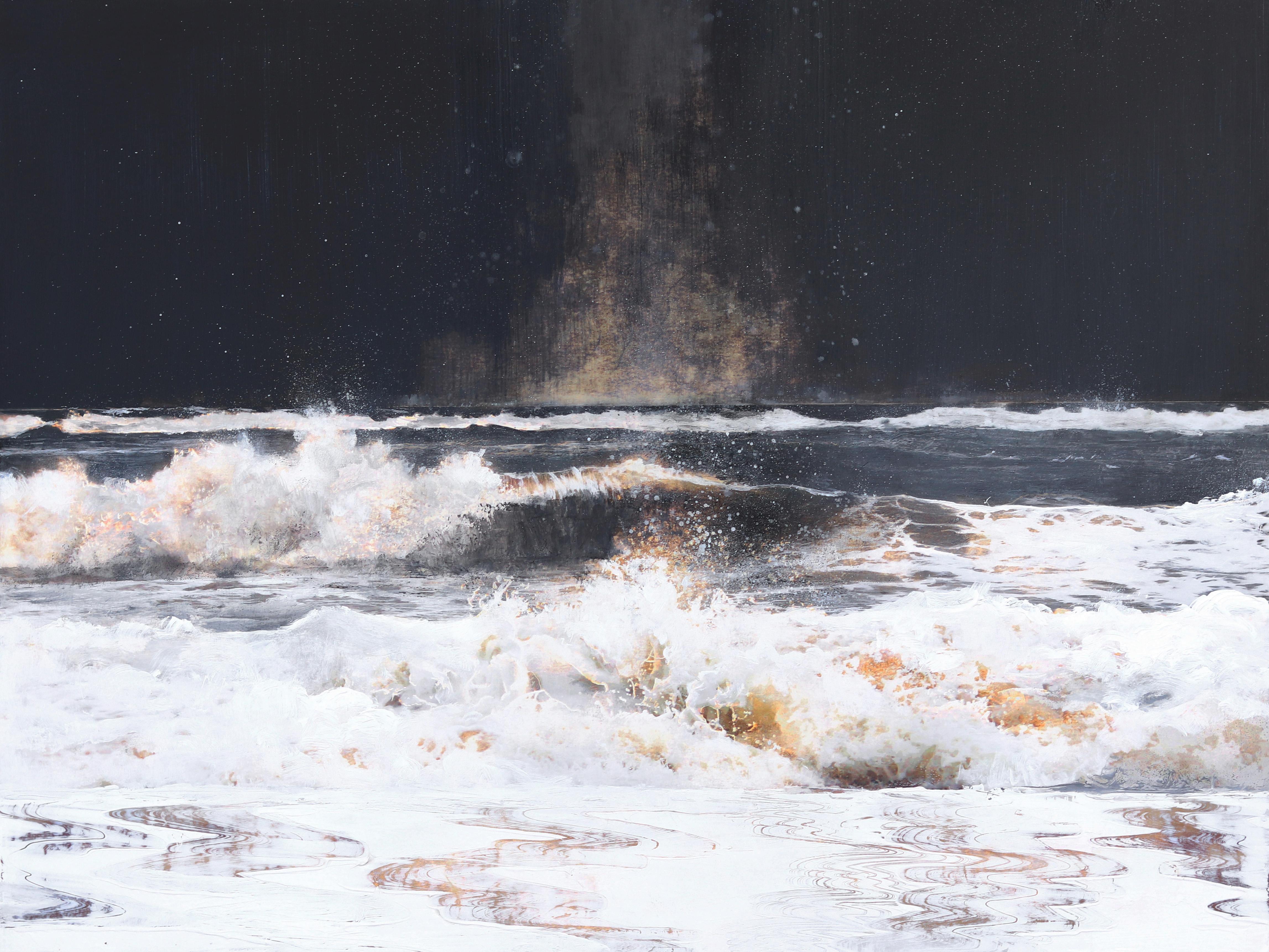 „The Depth of Night“ – Meereslandschaftsgemälde mit fallenden Wellen – Mixed Media Art von Steven Nederveen