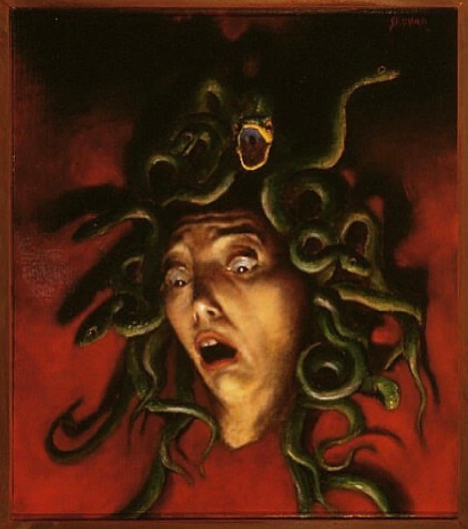 Medusa, classical monster oil painting, skin tones, red green, snakes