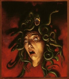 Medusa, classical monster oil painting, skin tones, red green, snakes