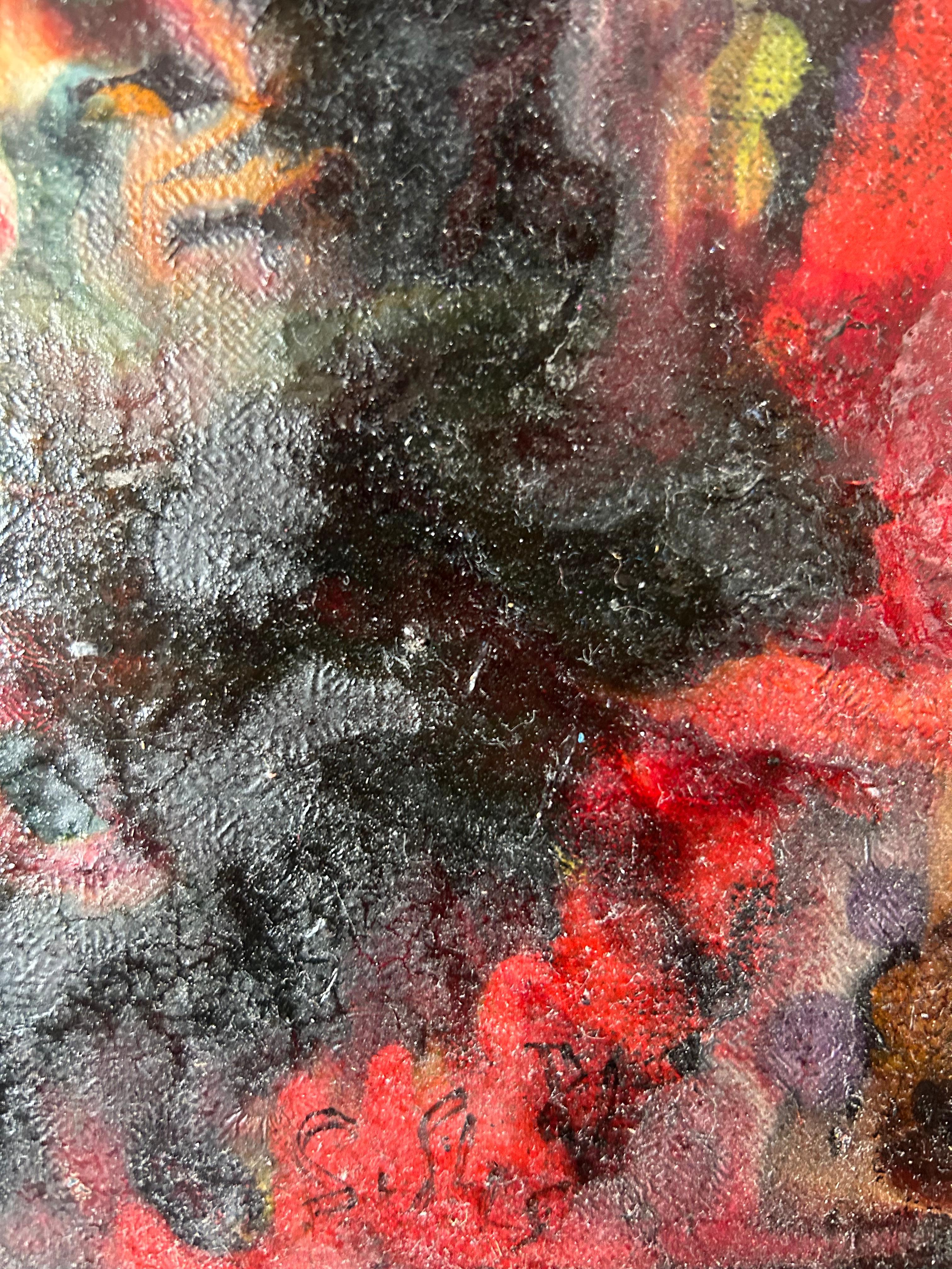 Steven Sles ha studiato con Hans Hofmann e ha avuto una carriera illustre come pittore e poeta. Aveva una paralisi cerebrale e tremava così tanto che ha imparato a dipingere con la bocca.
Quest'opera astratta combina una meravigliosa composizione