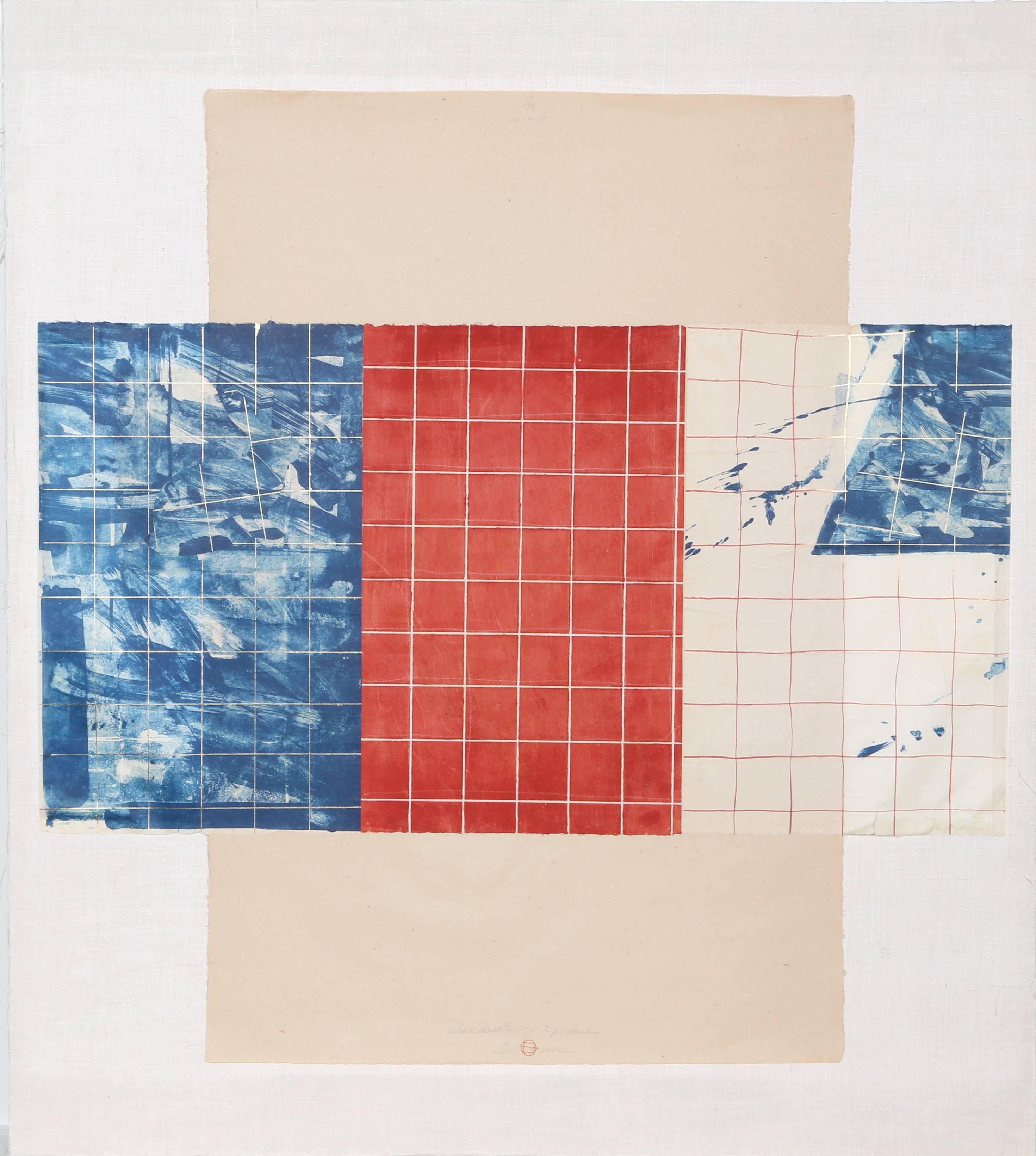 Artistics : Steven Sorman, Américain (1948 - )
Titre : Quand quelque chose est une image
Année : 1980
Médium : Collage mixte avec tissu, sérigraphie et paillettes, signé et numéroté au crayon.
Edition : 17/28
Taille : 45  x 40 in. (114.3  x 101.6 cm)