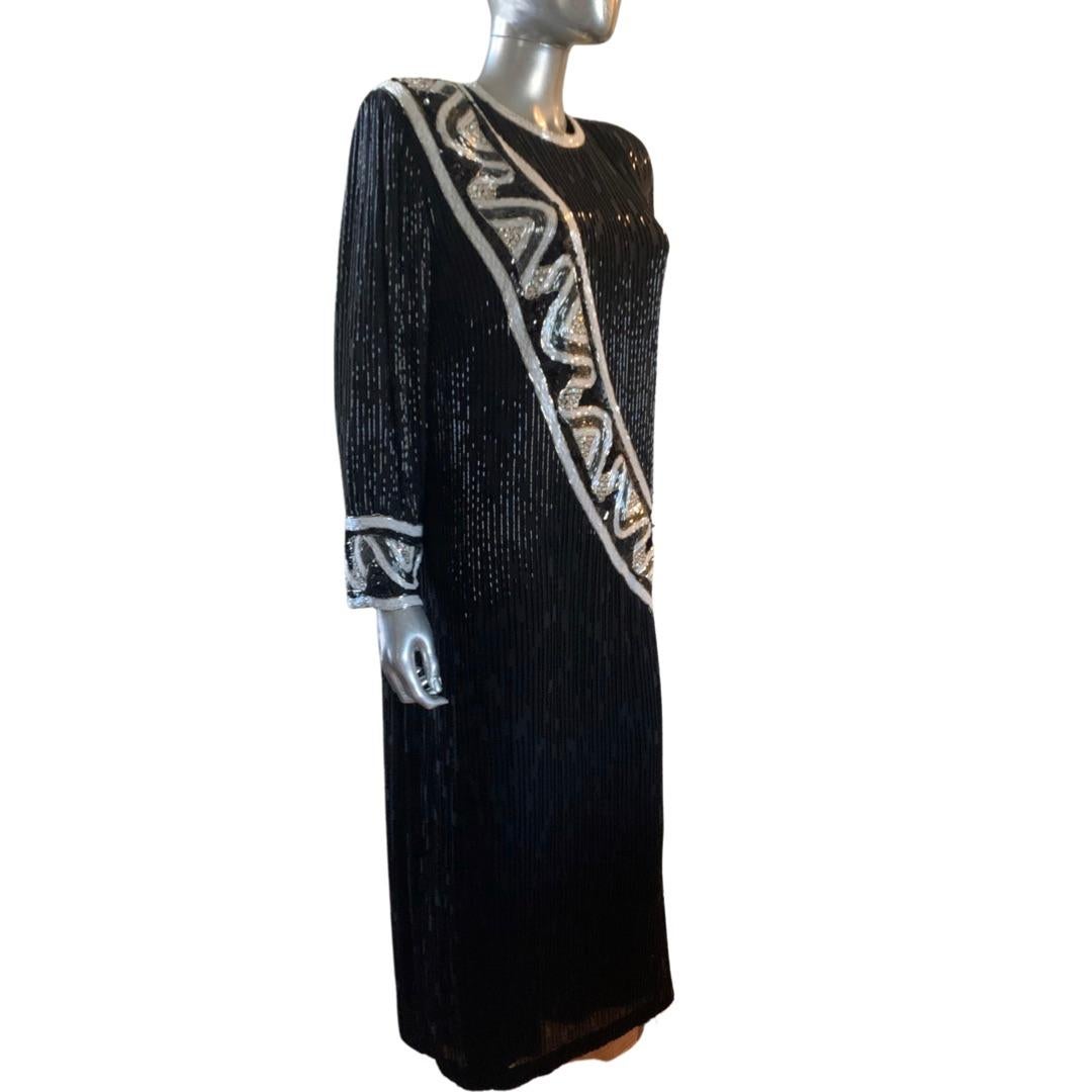 Steven Yearick Bugle Beaded Black and White Gown Custom Made Plus Size  For Sale 8