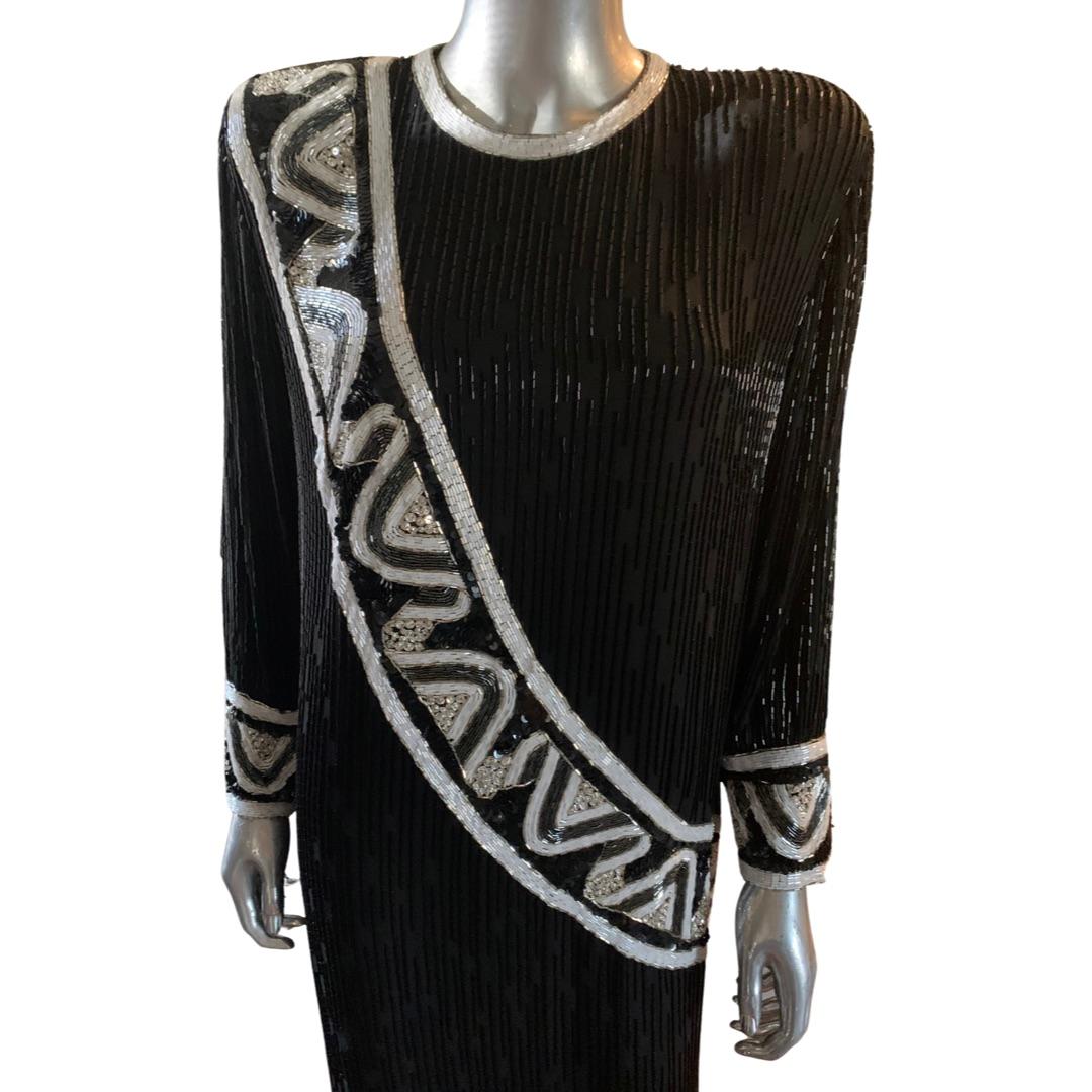 Steven Yearick Bugle Beaded Black and White Gown Custom Made Plus Size  For Sale 5