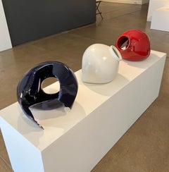 Contemporary Porcelain Sculpture Triptych, Red White and Blue Korean Vessel Form
