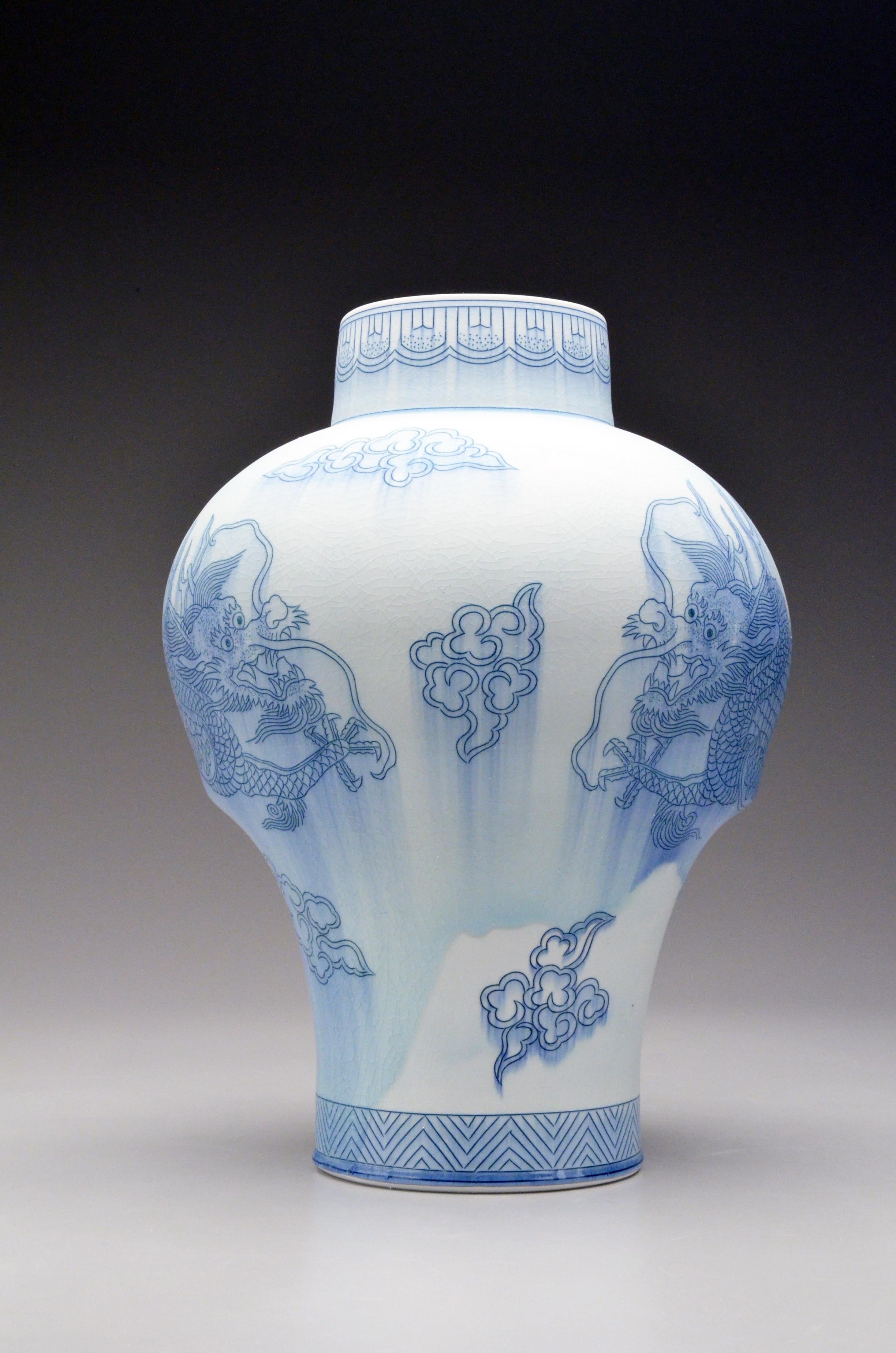 Contemporary Porcelain Sculpture with Cobalt Inlay, Glaze, Dragon Illustration 1