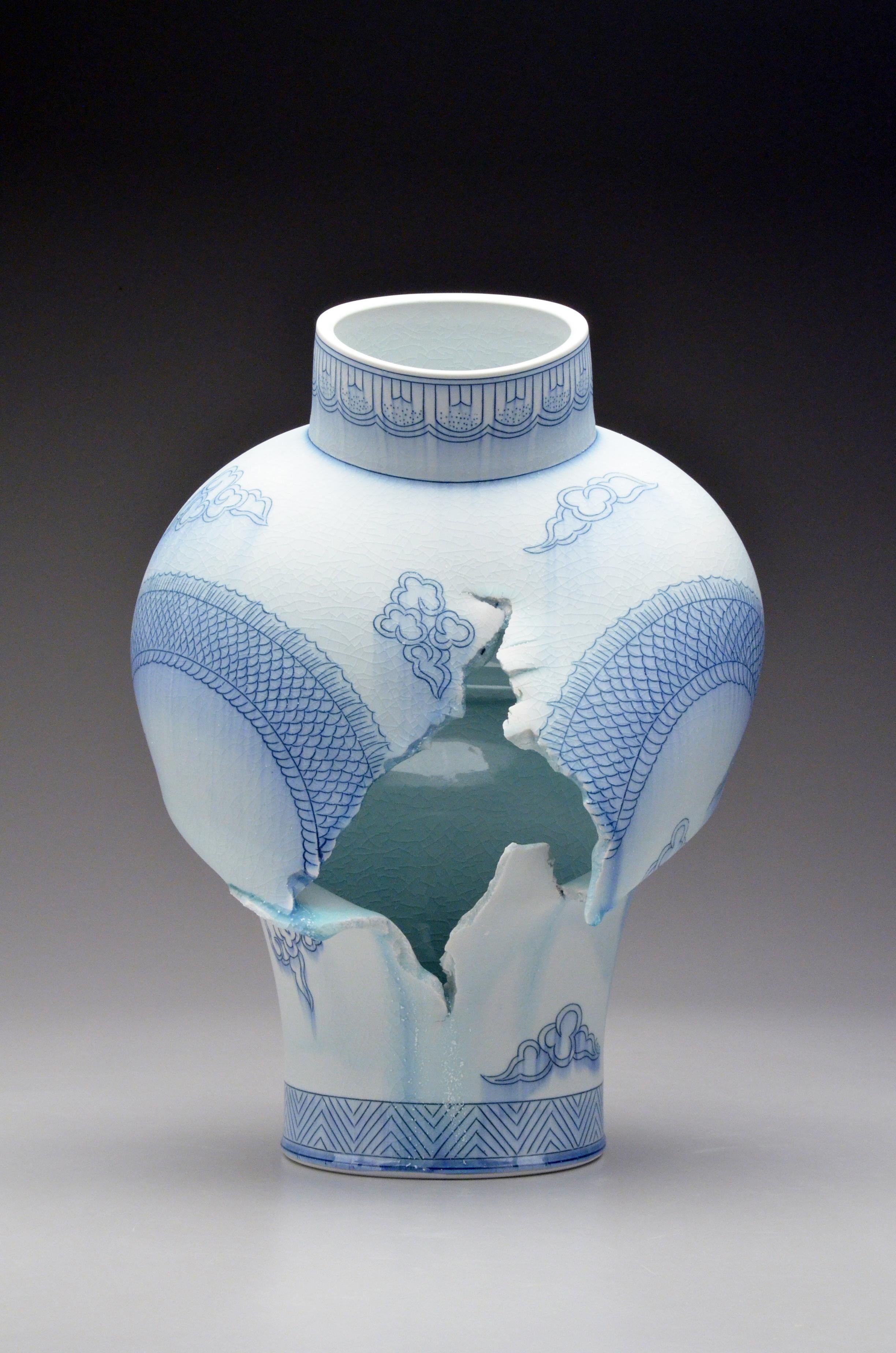 Contemporary Porcelain Sculpture with Cobalt Inlay, Glaze, Dragon Illustration 2