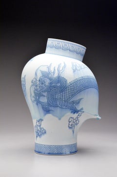 Contemporary Porcelain Sculpture with Cobalt Inlay, Glaze, Dragon Illustration