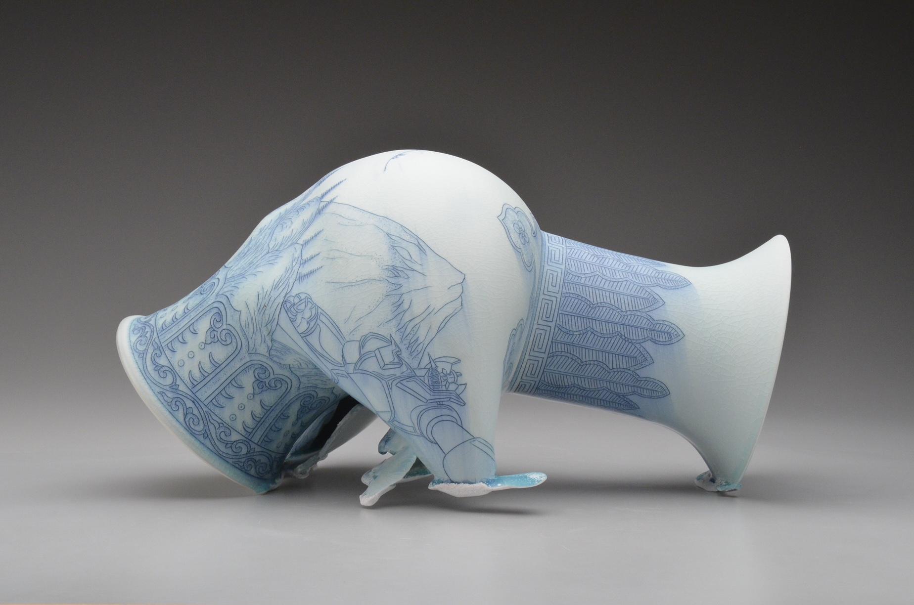 Contemporary Porcelain Sculpture with Cobalt Surface Illustration and Glaze 2
