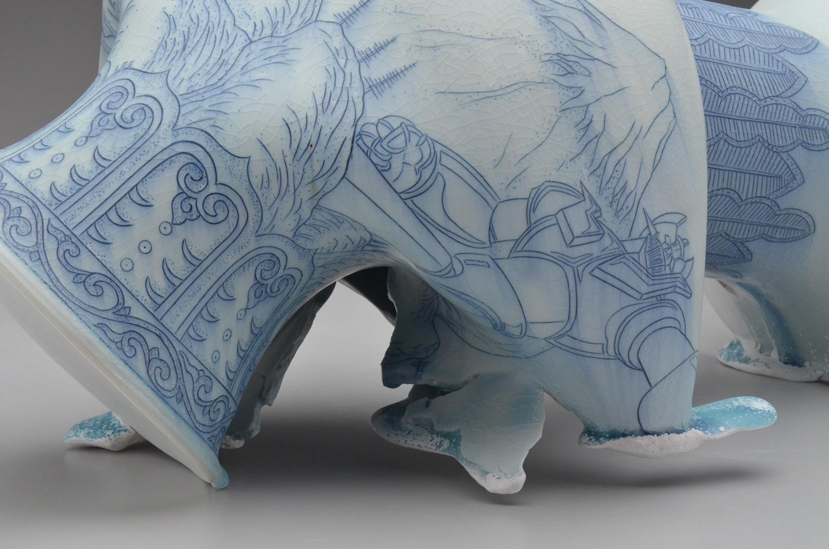 Contemporary Porcelain Sculpture with Cobalt Surface Illustration and Glaze 3