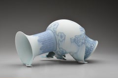 Contemporary Porcelain Sculpture with Cobalt Surface Illustration and Glaze