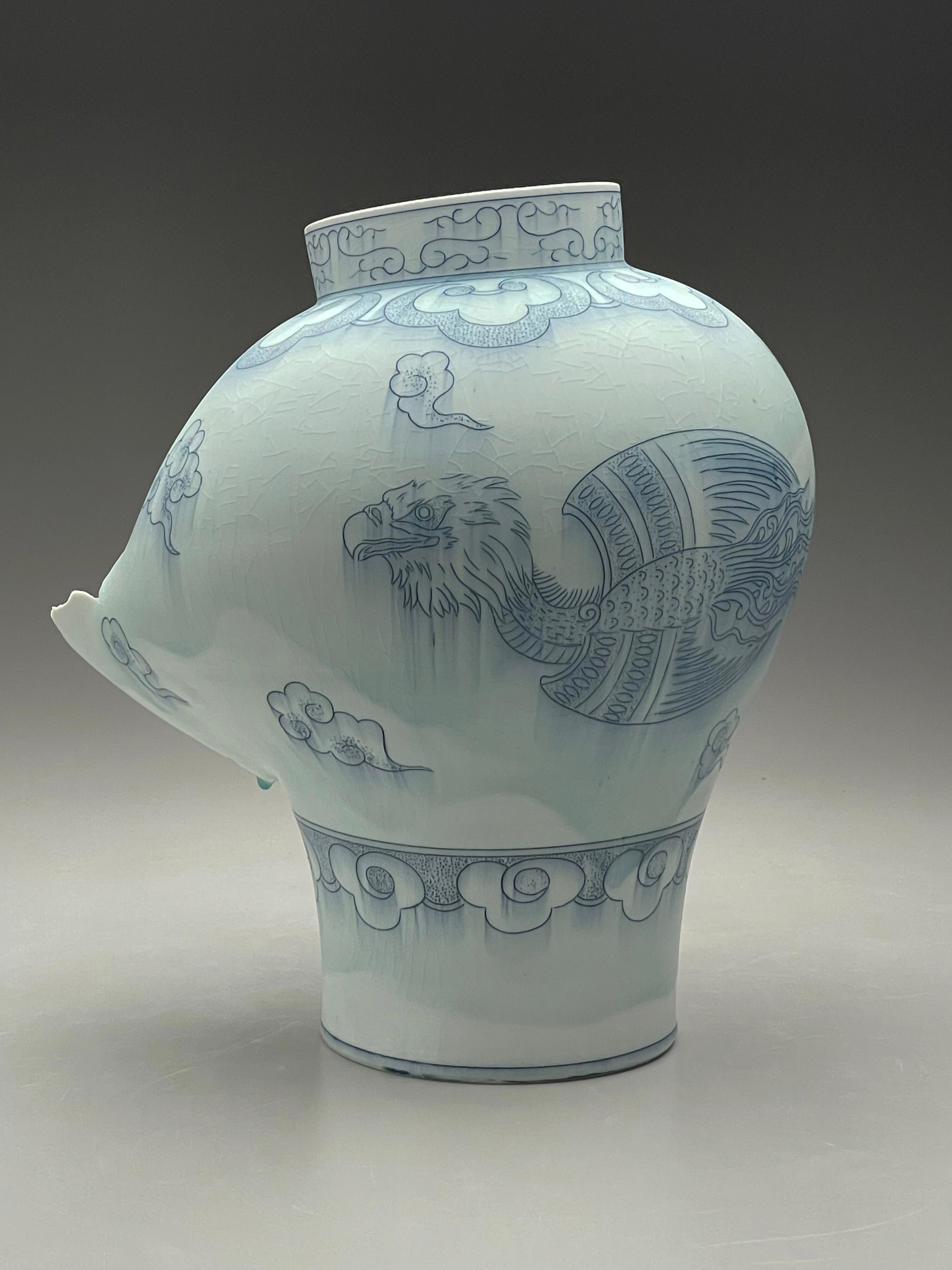 Steven Young Lee Abstract Sculpture - "Jar with American Phoenix", Contemporary, Porcelain, Sculpture, Phoenix, Cobalt