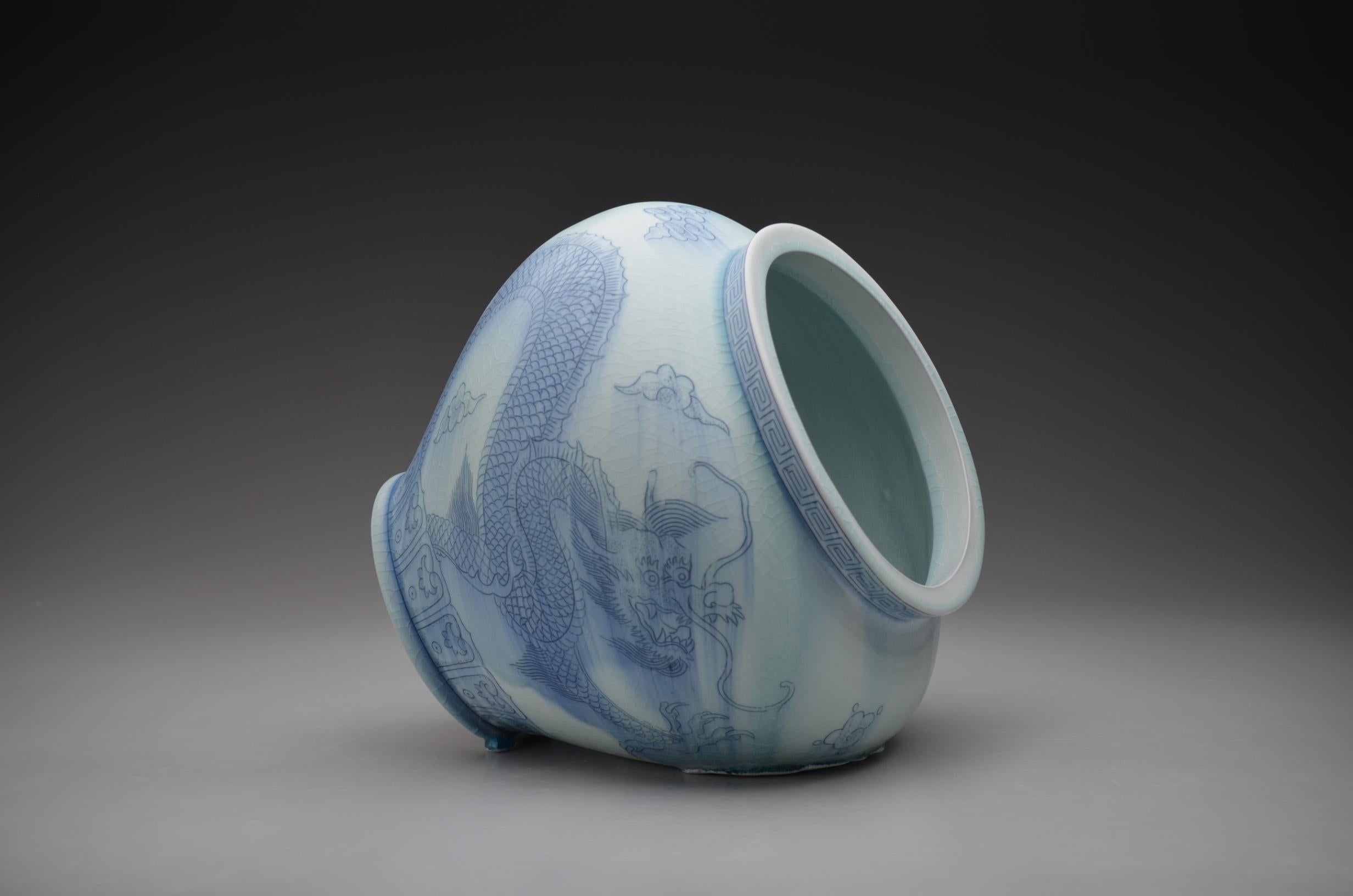 Steven Young Lee Abstract Sculpture - "Jar with Double Dragons", Contemporary, Ceramic, Sculpture, Porcelain, Cobalt