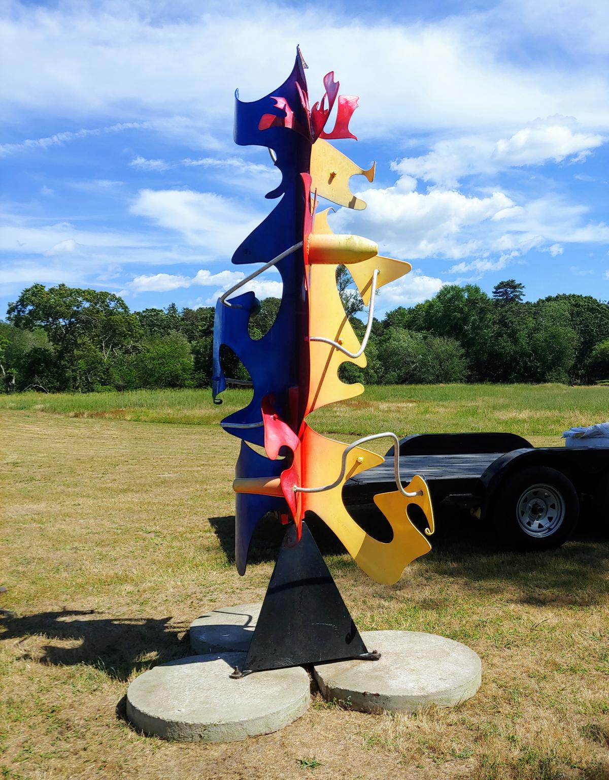Steven Zaluski Abstract Sculpture - "Rainbow Totem", Kinetic, Abstract Outdoor Metal Sculpture in Painted Aluminum