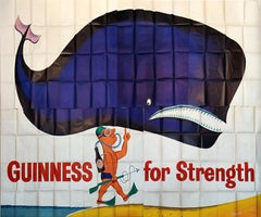 Großes Original-Vintage- Billboard-Poster Guinness für Strength, Scuba- Diver Whale