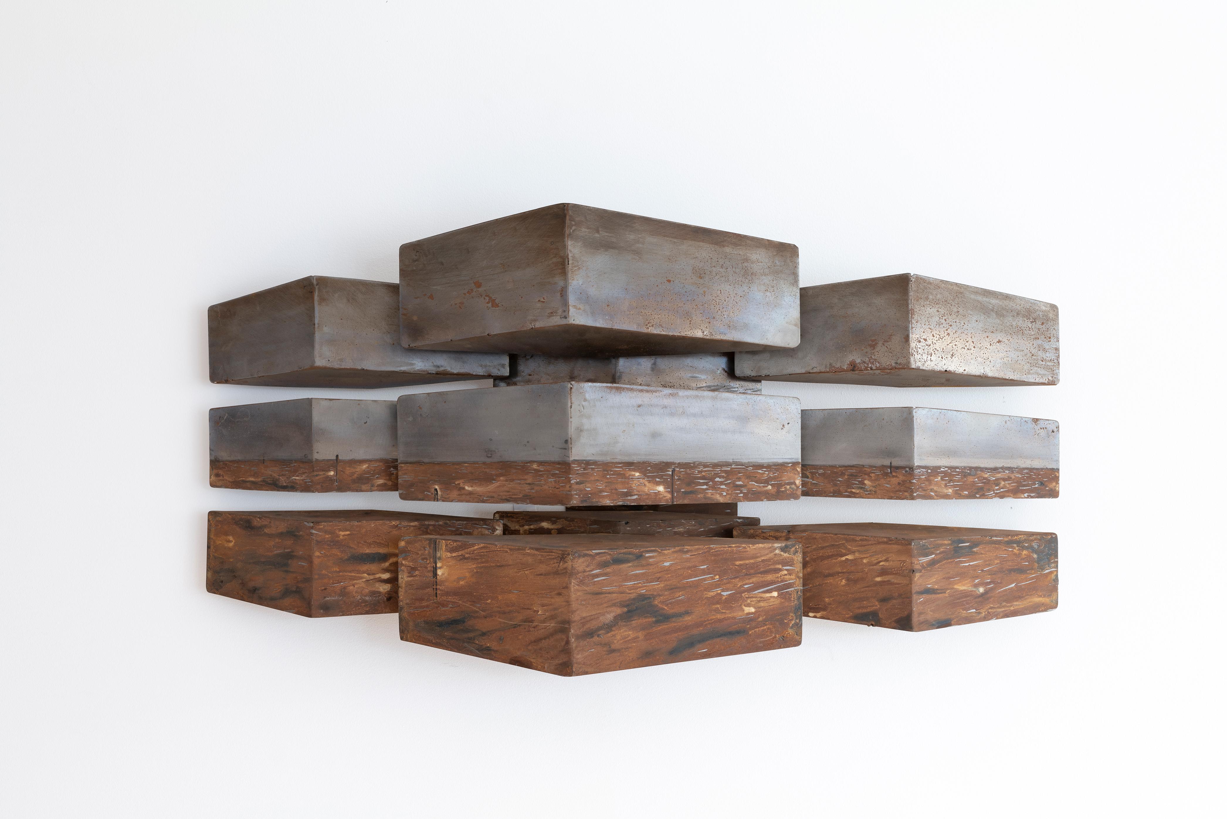 A striking contemporary art piece that blends industrial elegance with artistic innovation. This sculpture showcases the bold, textured beauty of brushed and oxidised steel, which transforms its surface into a stunning interplay of light and shadow.