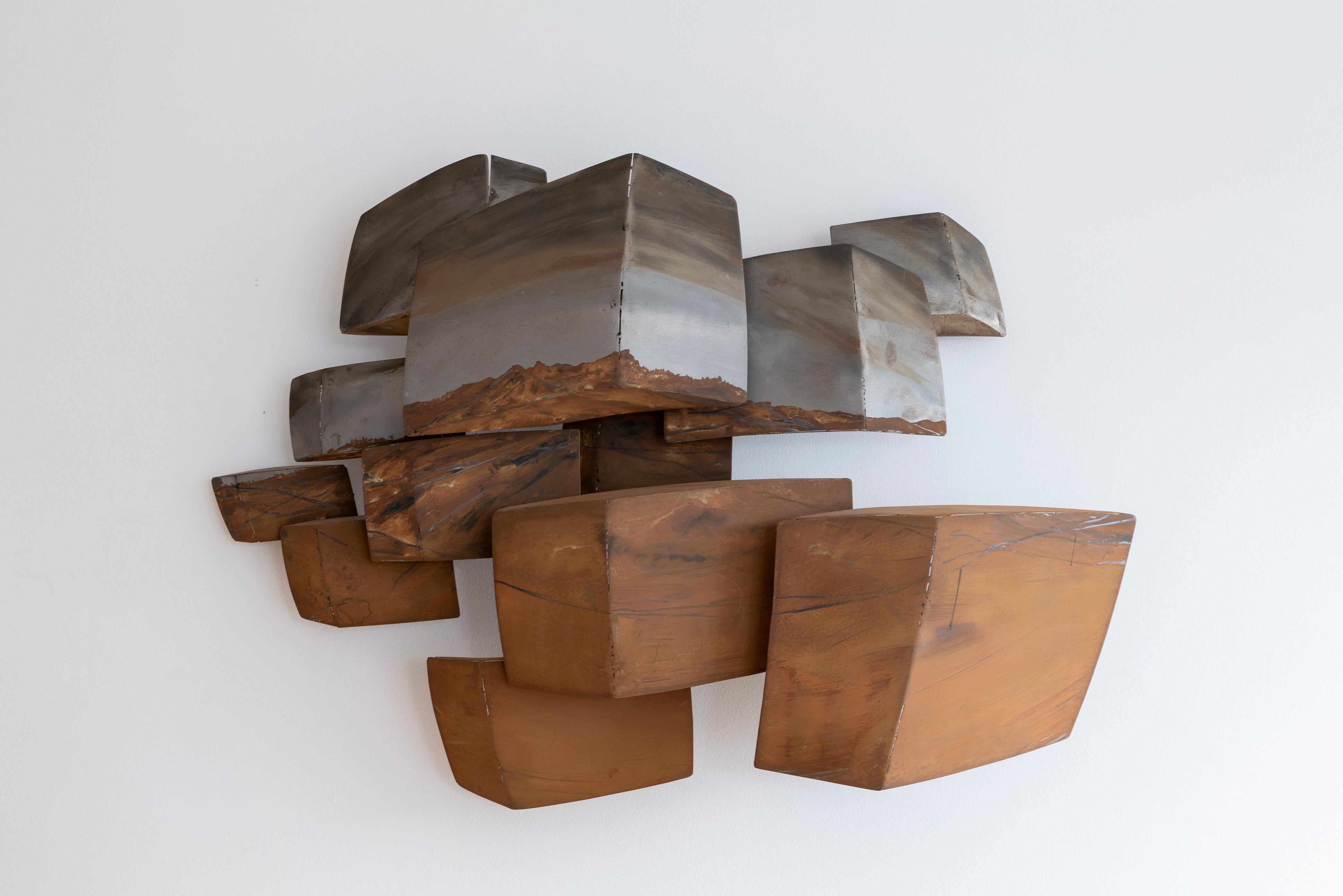 A striking contemporary art piece that blends industrial elegance with artistic innovation. This sculpture showcases the bold, textured beauty of brushed and oxidised steel, which transforms its surface into a stunning interplay of light and shadow.