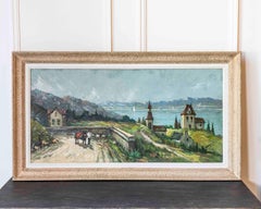 Stevens, Southern European Lakeside Landscape, Oil on Canvas, Mid-20th Century