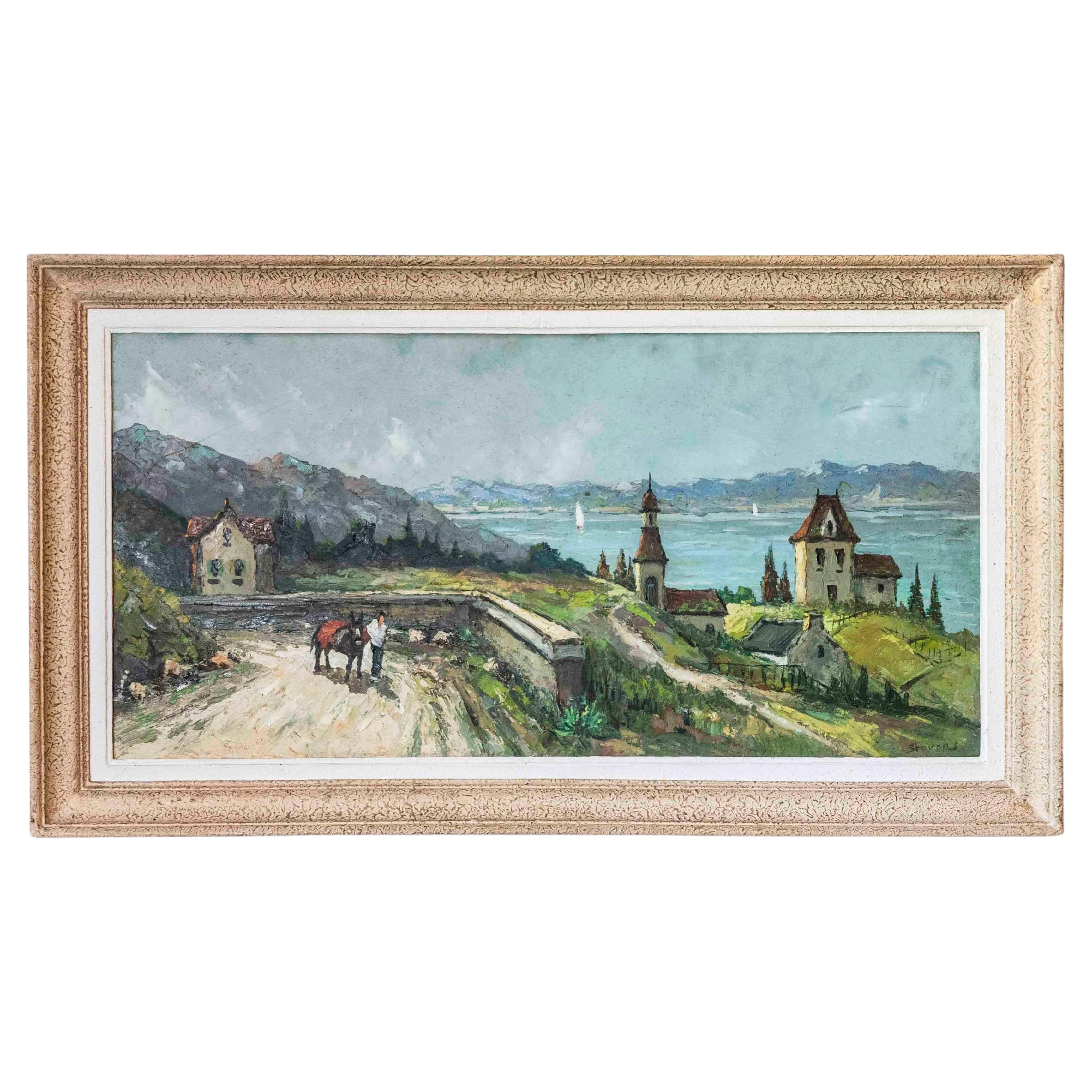 Stevens, Southern European Lakeside Landscape, Oil on Canvas, Mid-20th Century For Sale