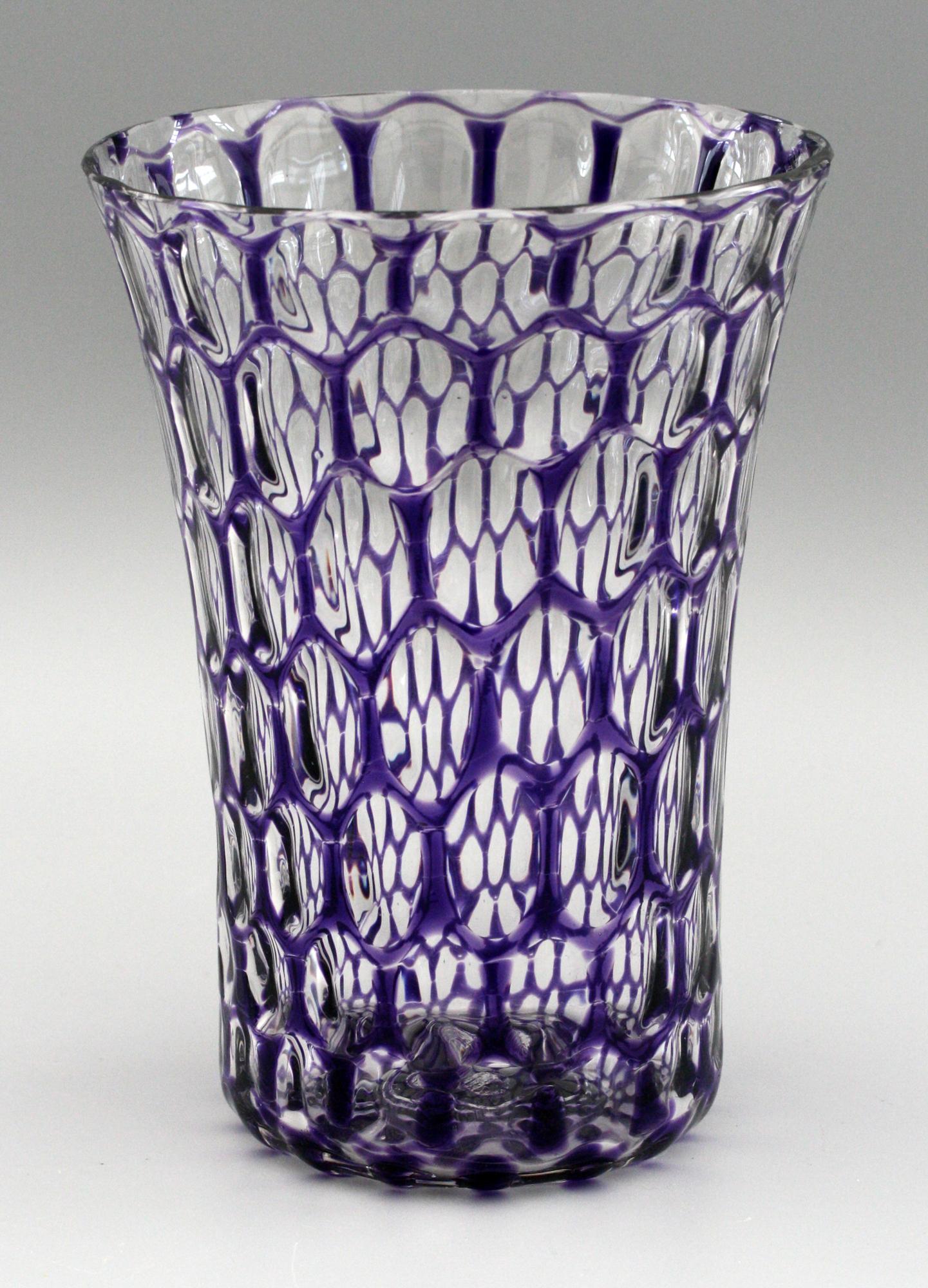 English Stevens & Williams Attributed Bucket Shape Purple Flashed Optical Glass Vase For Sale