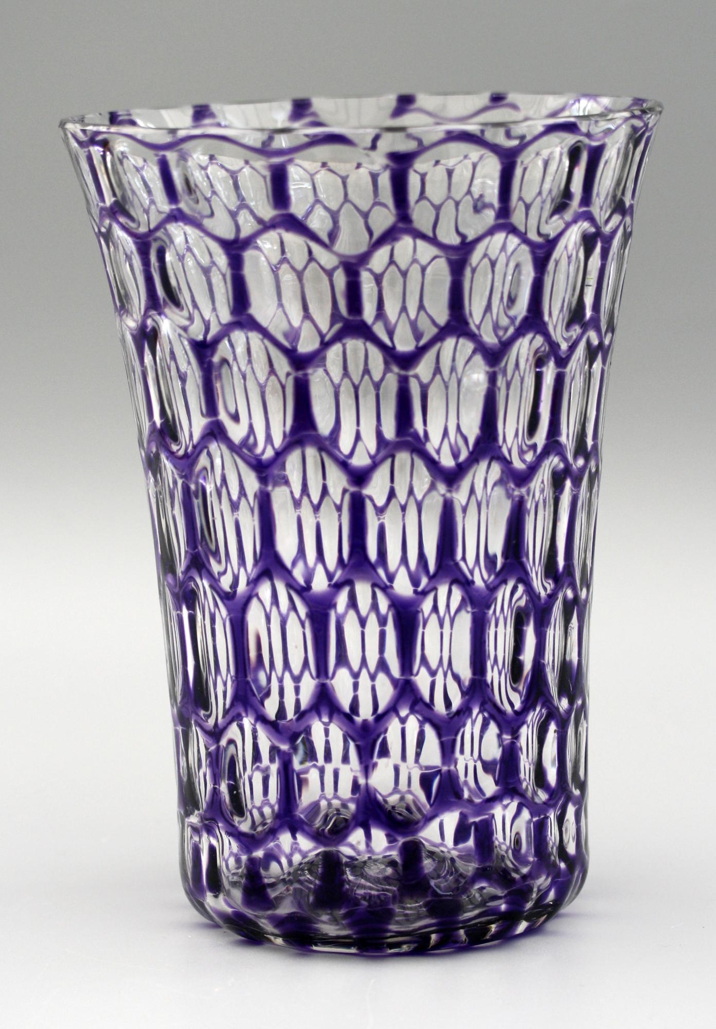 Hand-Crafted Stevens & Williams Attributed Bucket Shape Purple Flashed Optical Glass Vase For Sale