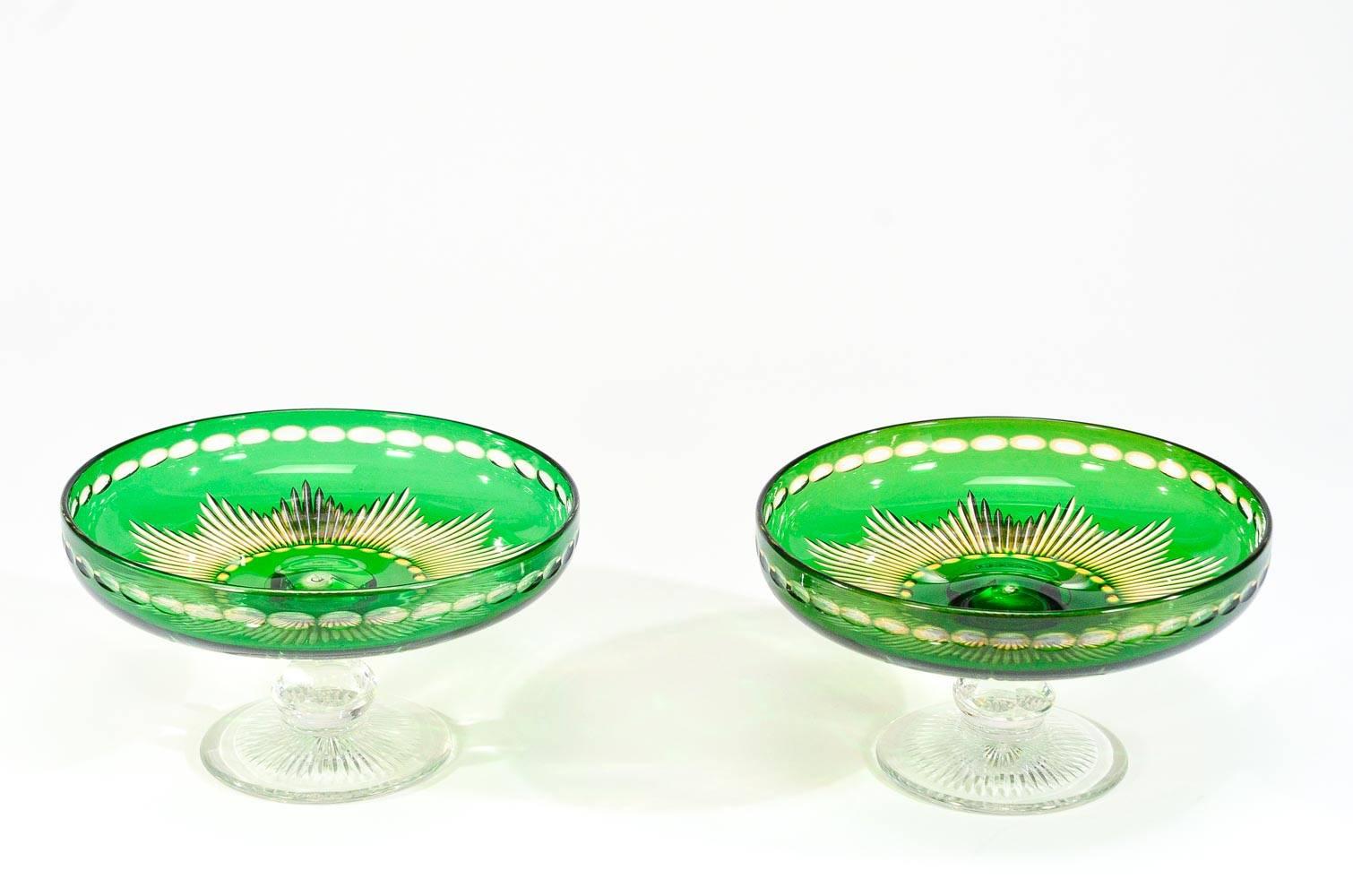 Art Deco Stevens & Williams Green, Saffron Cut to Clear 2 Compotes and 6 Dessert Plates For Sale