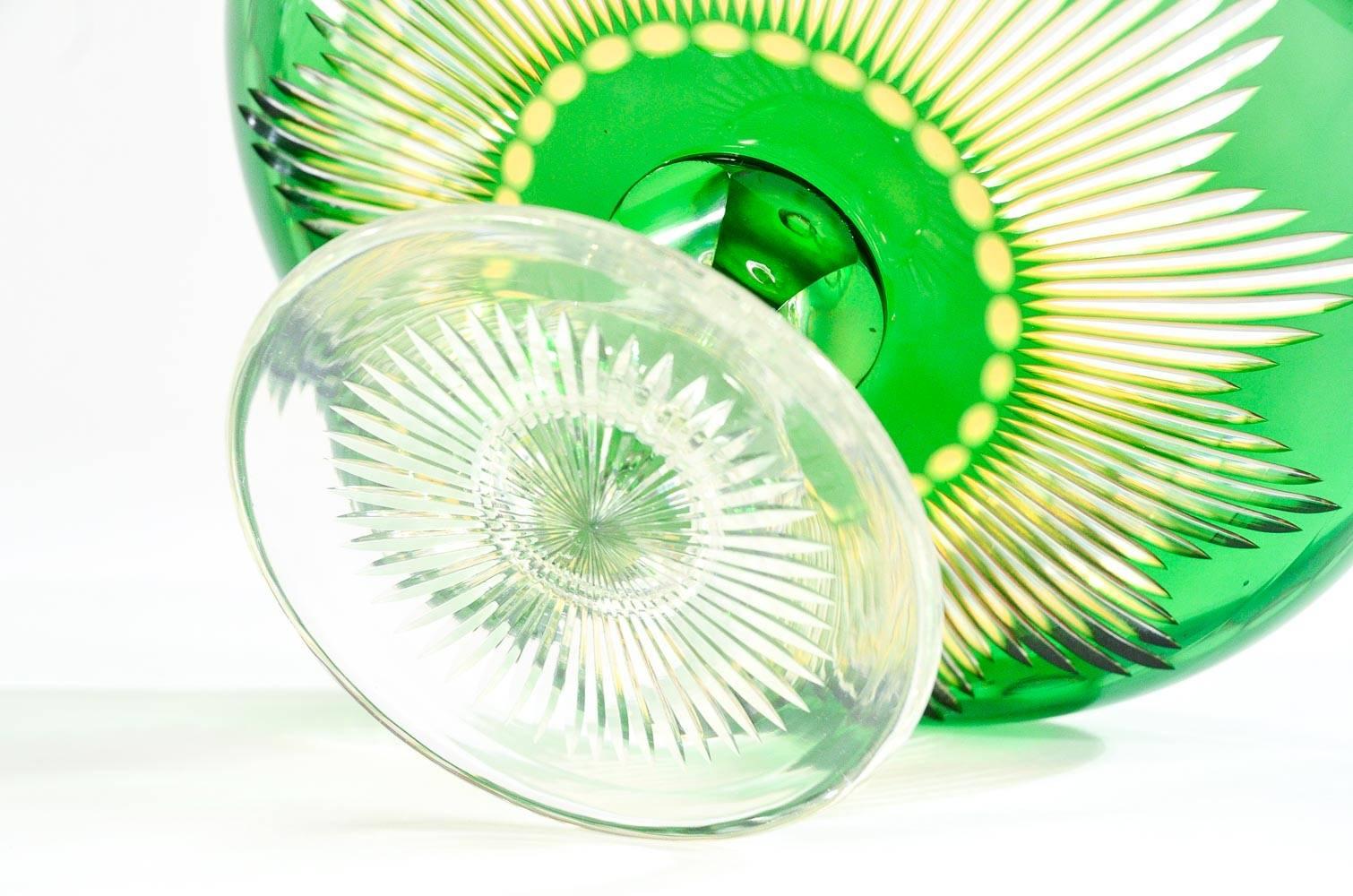 Crystal Stevens & Williams Green, Saffron Cut to Clear 2 Compotes and 6 Dessert Plates For Sale