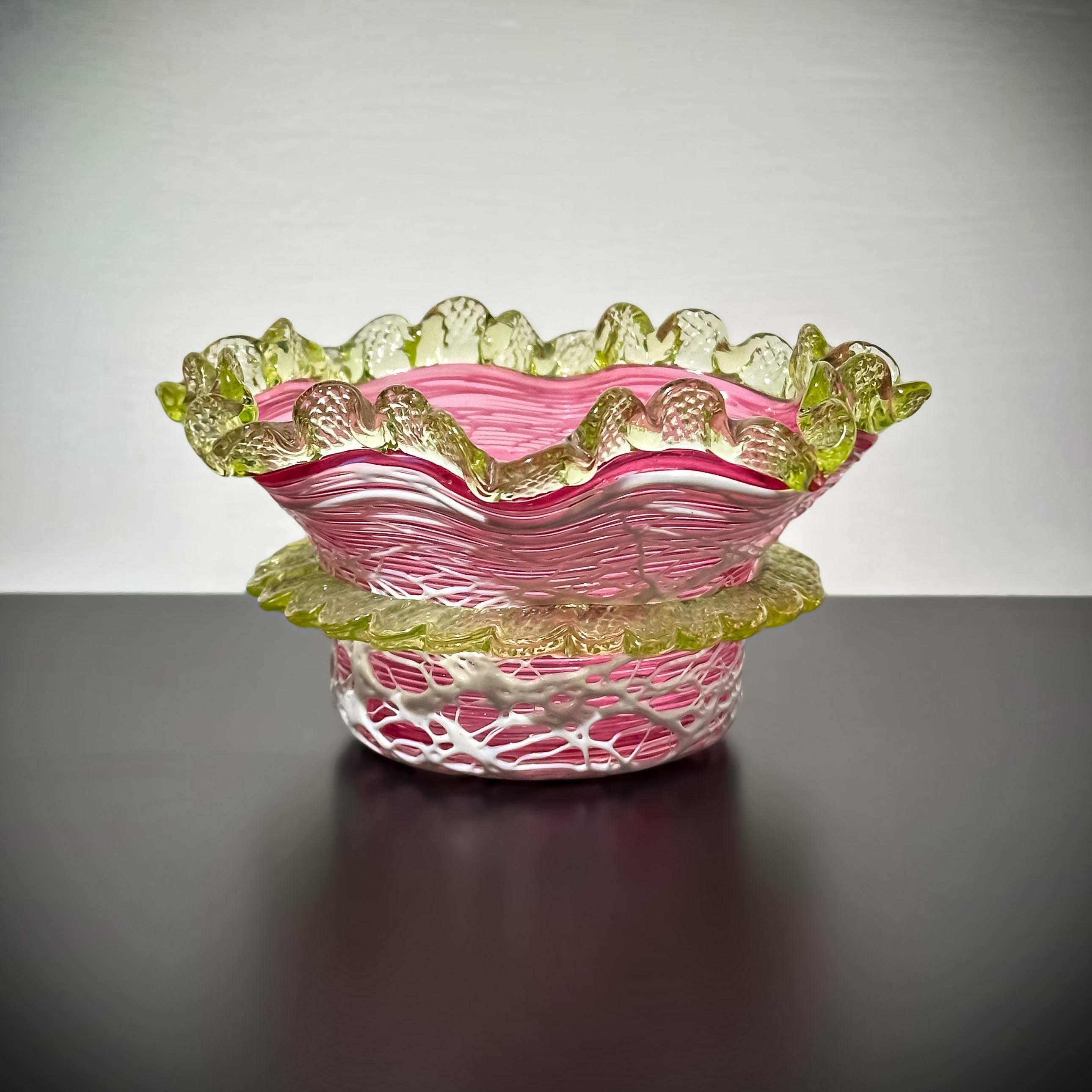 British Stevens & Williams Victorian Cranberry and Uranium Glass Bowl, England 1890