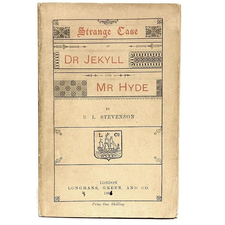 Author: Stevenson, Robert Lewis

Title: Strange Case of Dr. Jekyll and Mr. Hyde.

Publisher: London: Longmans, Green, & Co., 1886.

Description: First London edition. 1 vol.. Bound in the publisher's original red and blue printed wrappers,