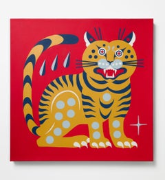 "June", Stylized Tiger Against a Crimson Ground Contemporary Painting
