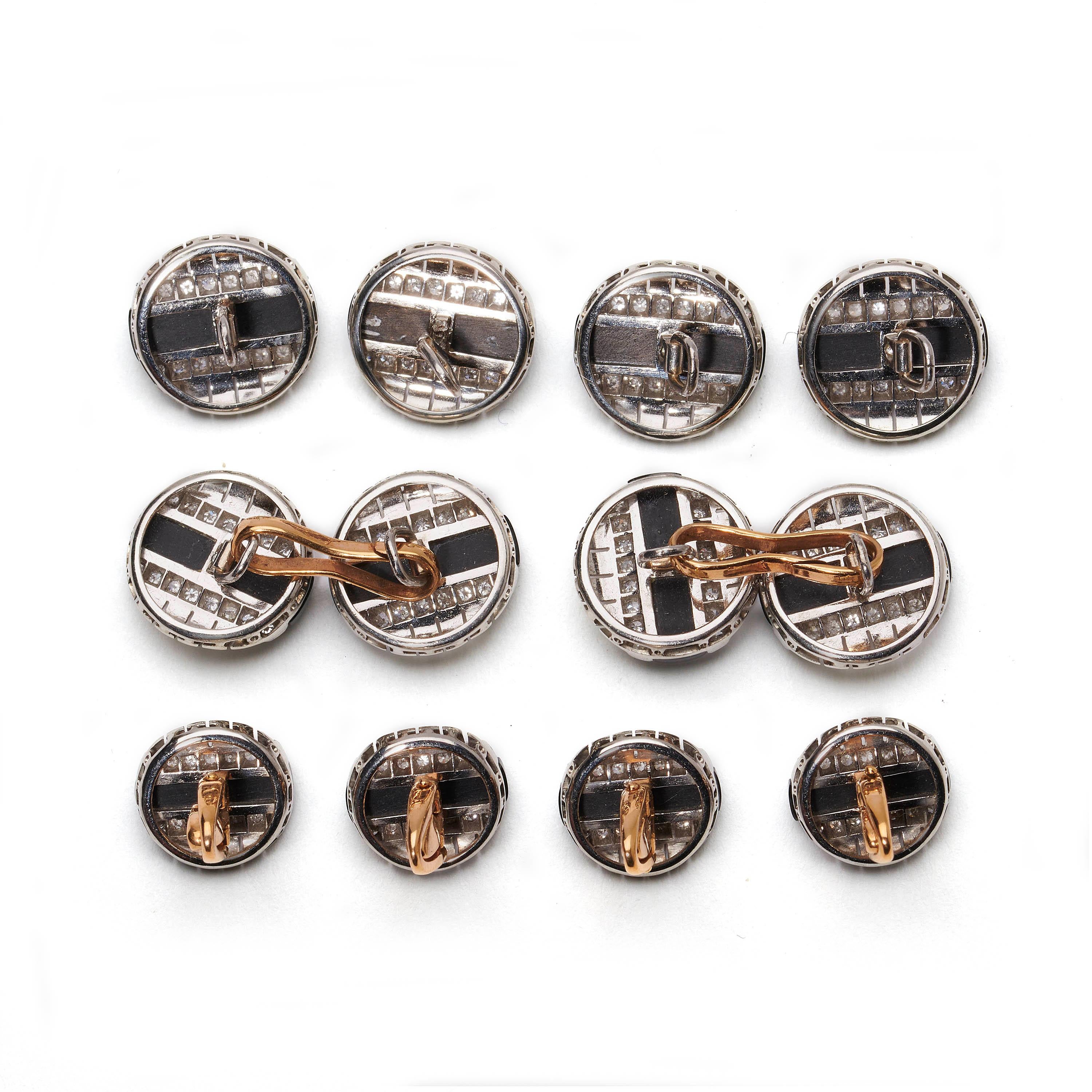 Old European Cut Stewart Dawson Art Deco Black Onyx, Diamond and White Gold Dress-Set, Circa 1930 For Sale