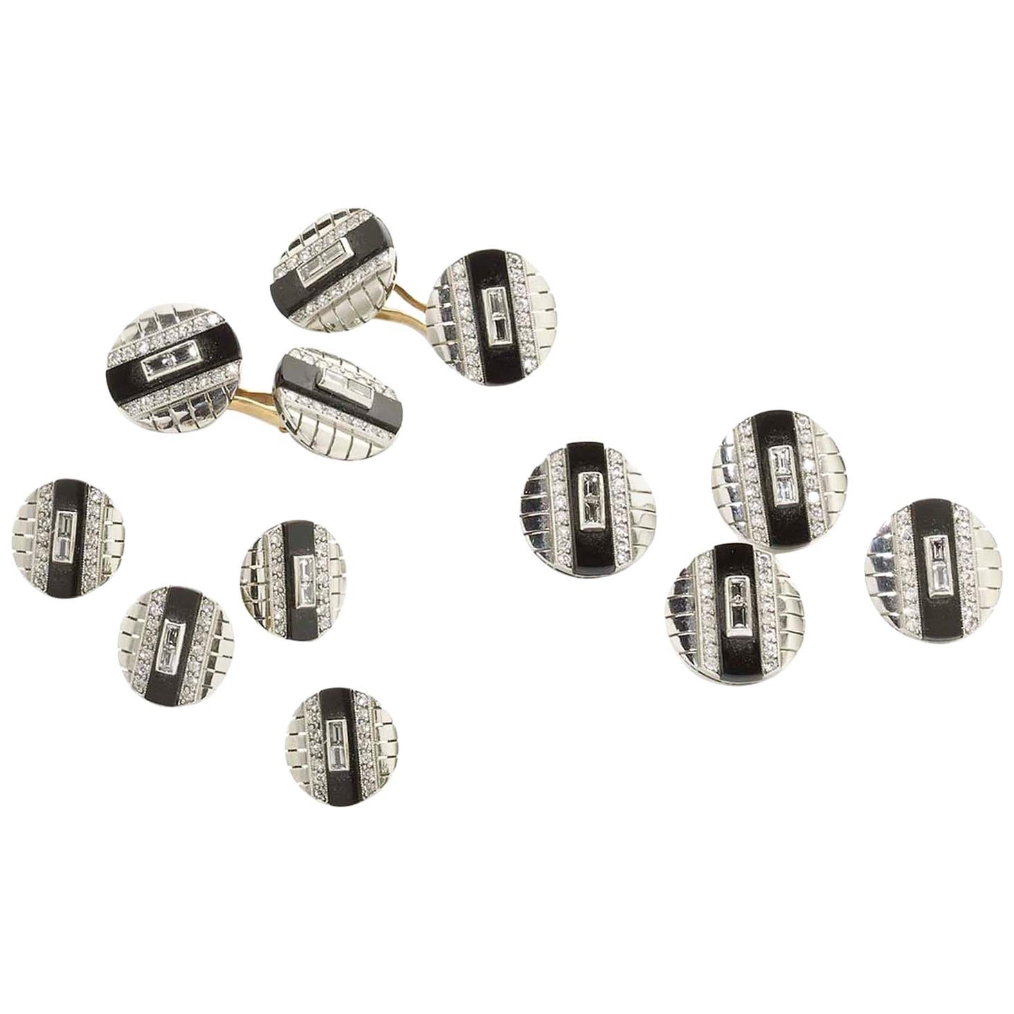 Stewart Dawson Art Deco Black Onyx, Diamond and White Gold Dress-Set, Circa 1930