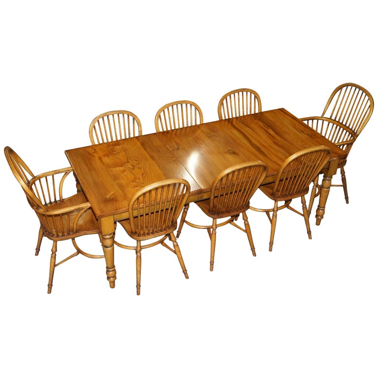 Stewart Linford Burr Yew and Elm Dining Table and 8 Windsor Chairs