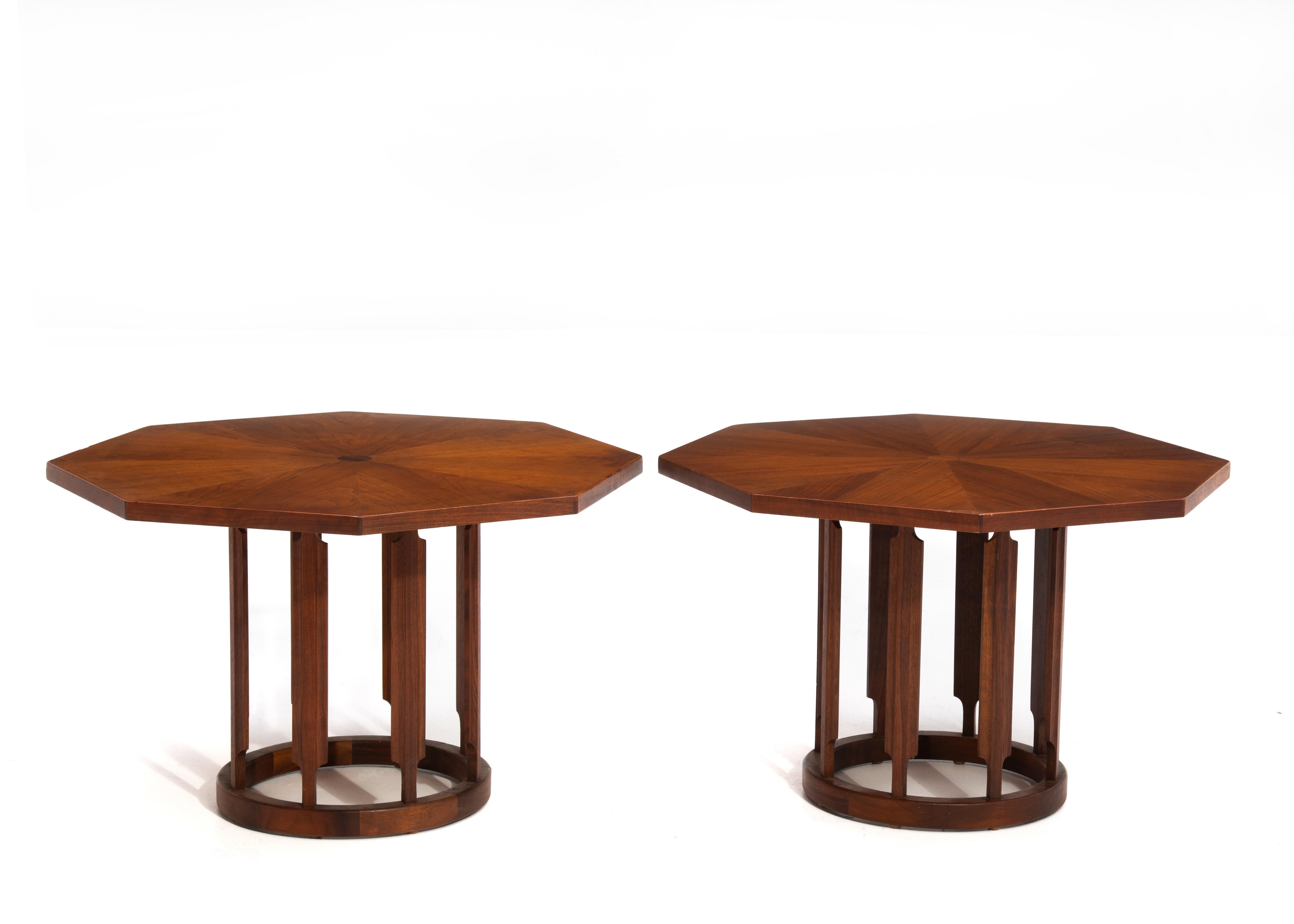 A pair of Kipp Stewart & Stewart MacDougal walnut side tables. Solid walnut and walnut veneer, incredibly well made. Octagonal top with a round base supported by eight sculptural slats. 1960s, unmarked.
The diameter of the base is 12