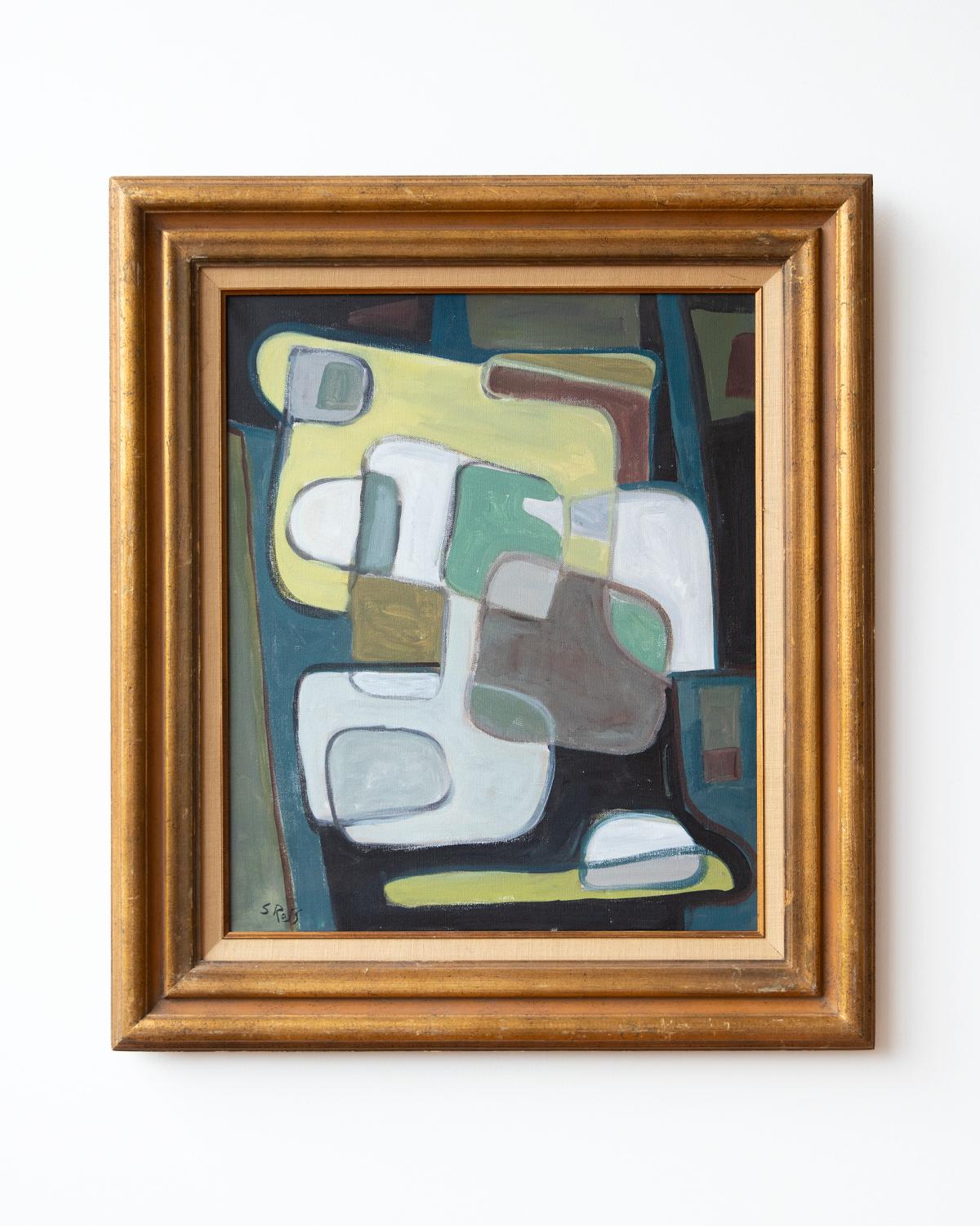Abstract No. 52 has a neutral palette of green and white. The rounded forms seem to stack and intertwine. The vintage gold frame was chosen by the artist.

Dimensions
+ Framed: 33