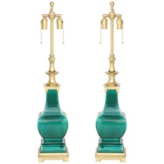 Stffel Emerald Green Porcelain, Brass Lamps