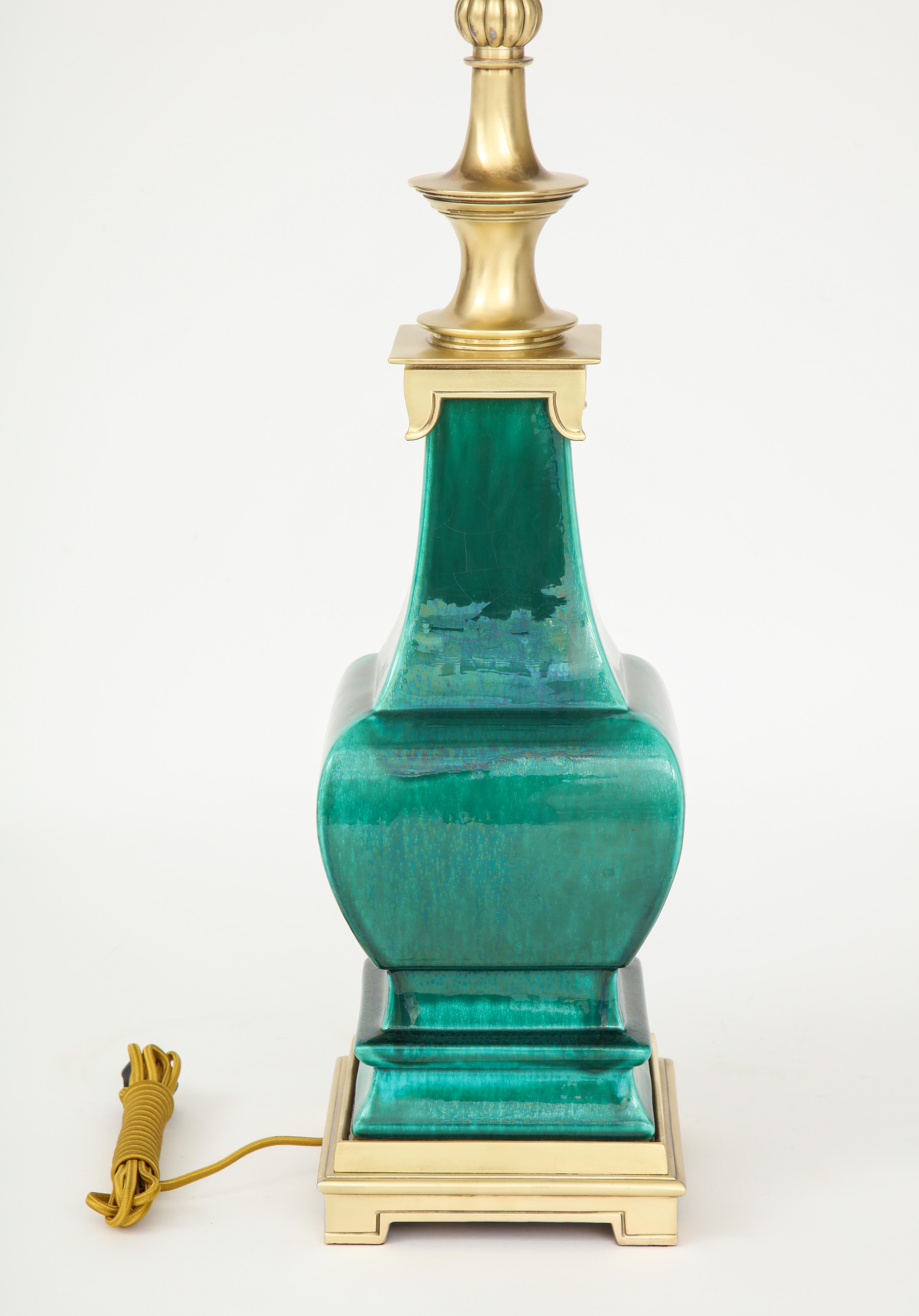 Stffel Emerald Green Porcelain, Brass Lamps 4