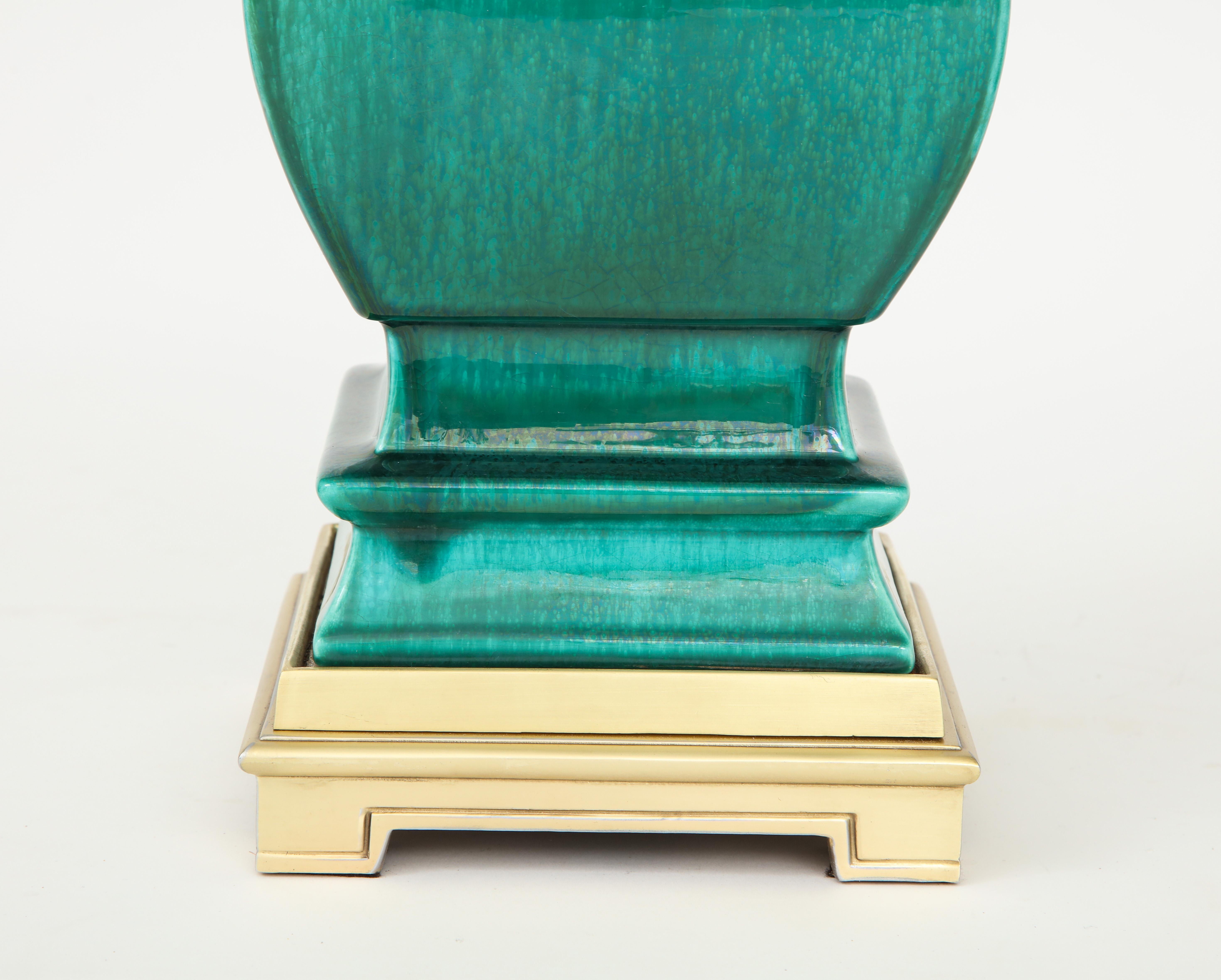 Stffel Emerald Green Porcelain, Brass Lamps 5