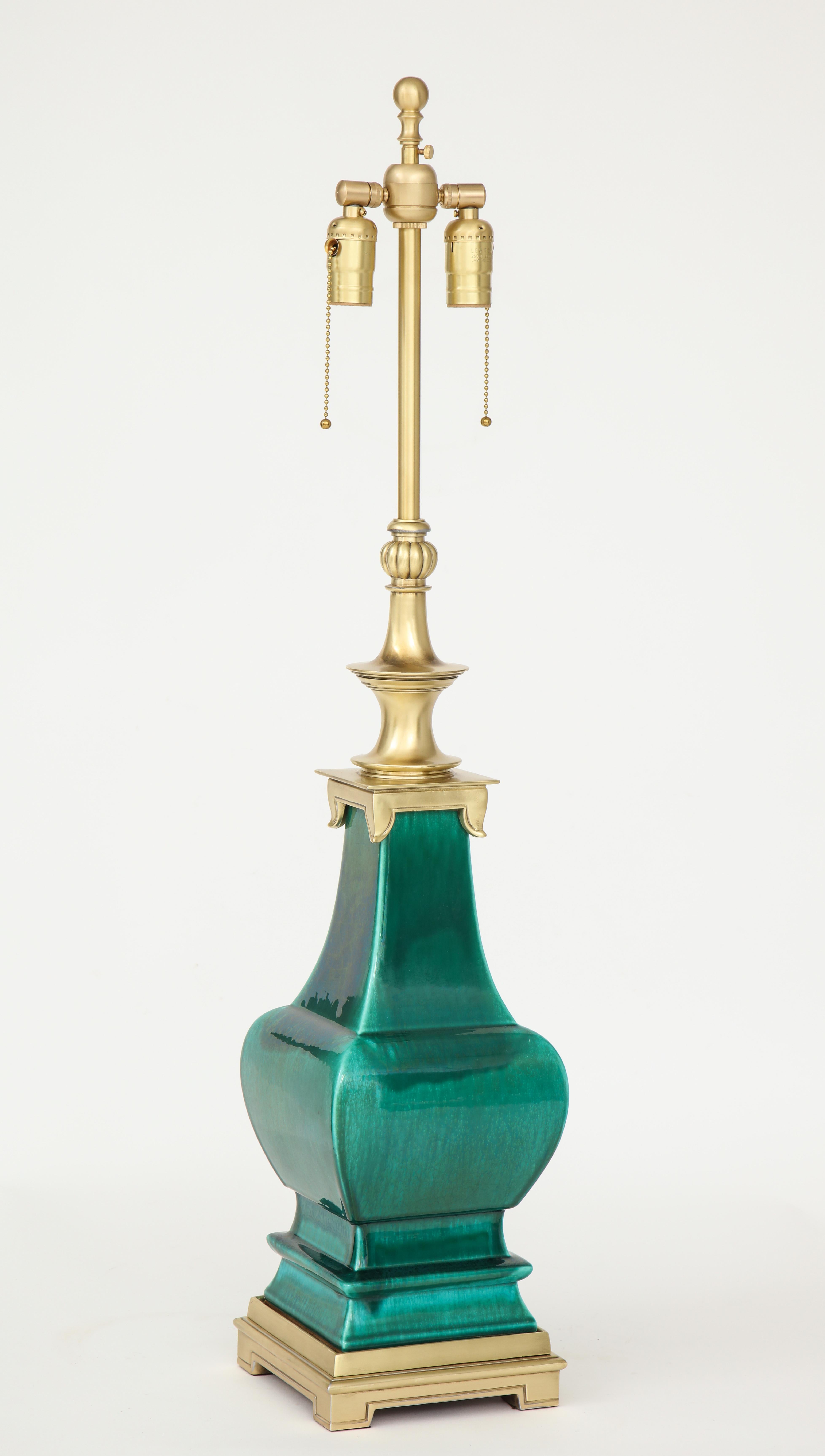 Chinoiserie Stffel Emerald Green Porcelain, Brass Lamps