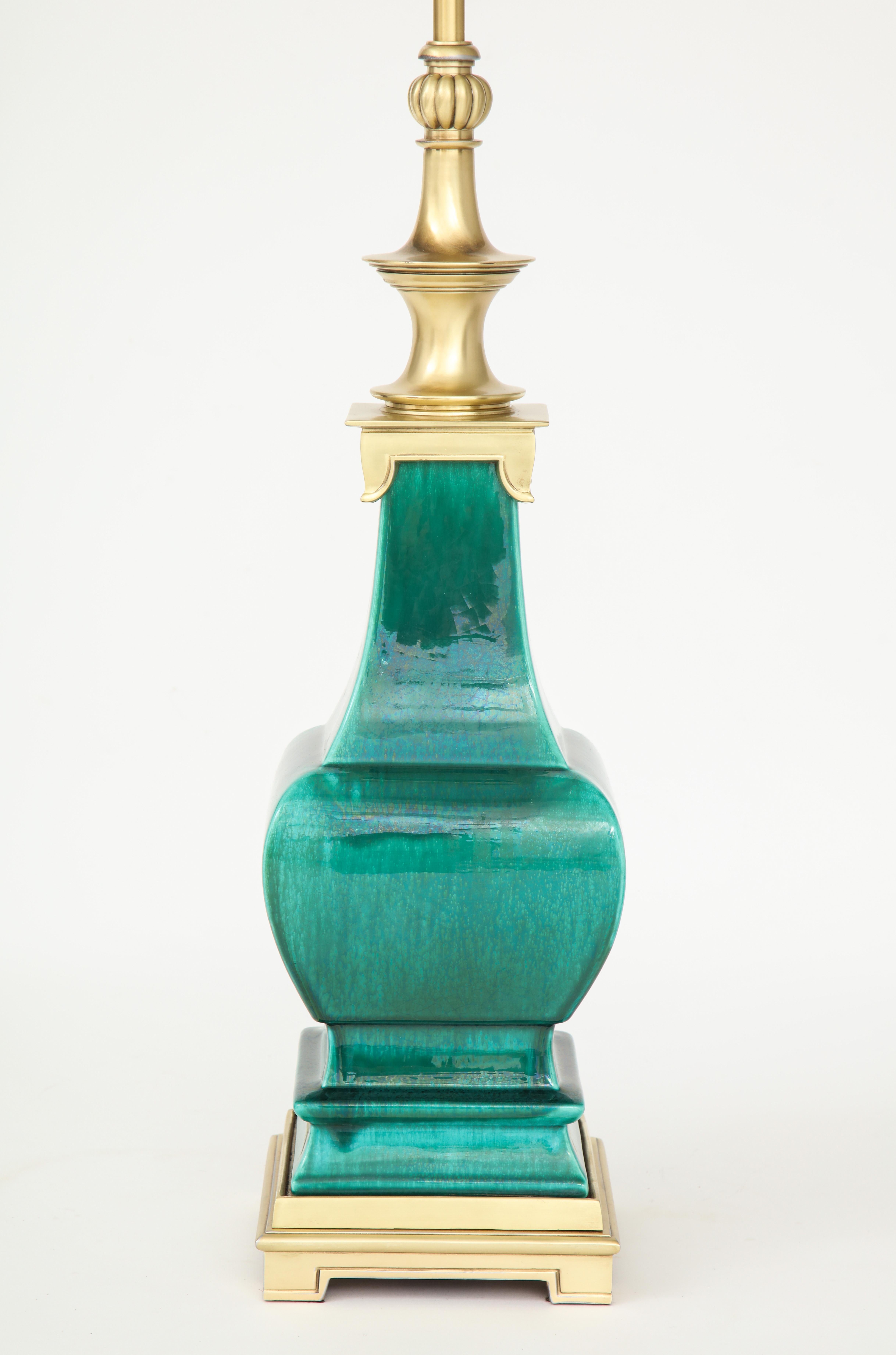 Brushed Stffel Emerald Green Porcelain, Brass Lamps