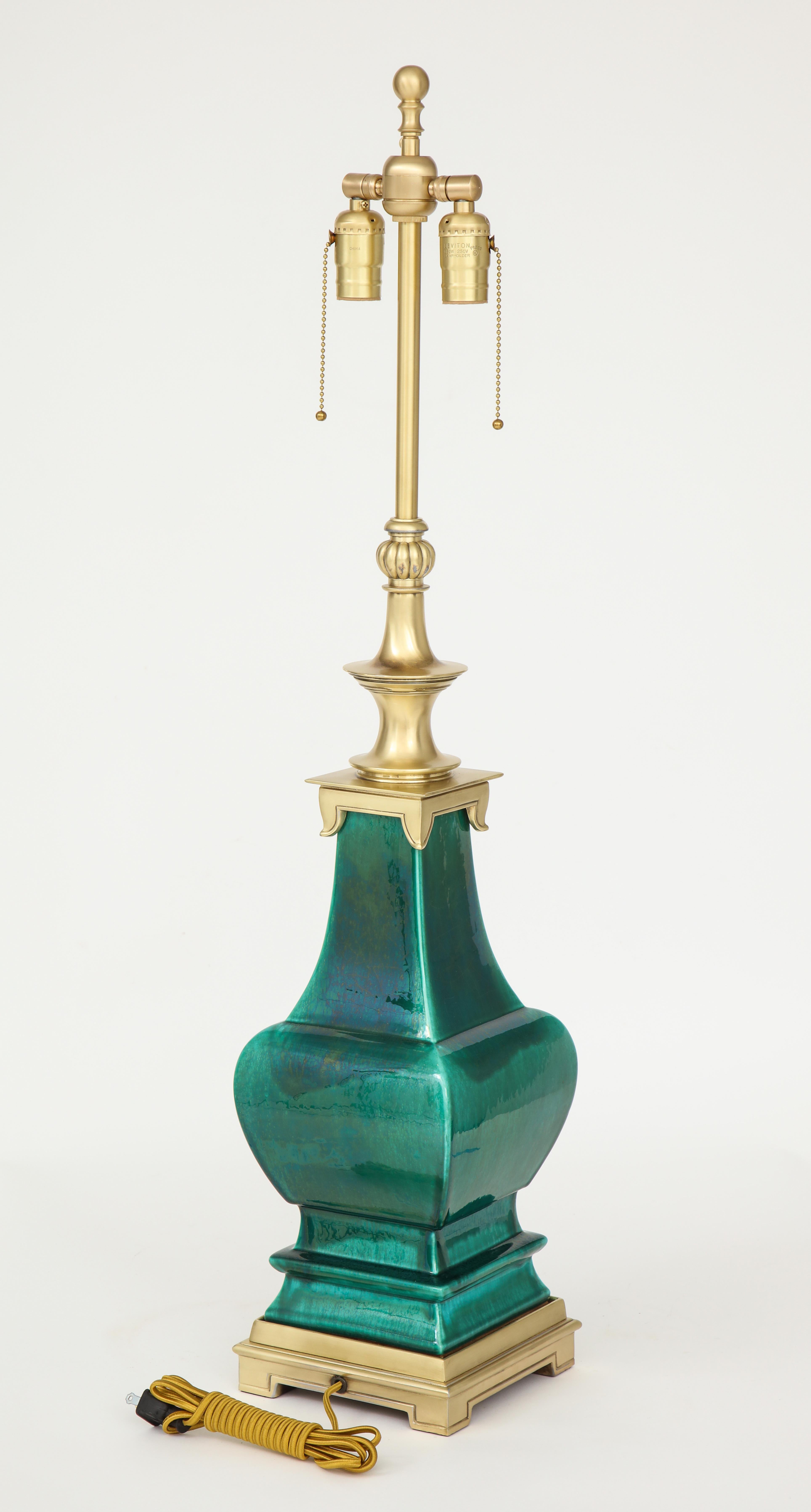 Stffel Emerald Green Porcelain, Brass Lamps In Excellent Condition In New York, NY