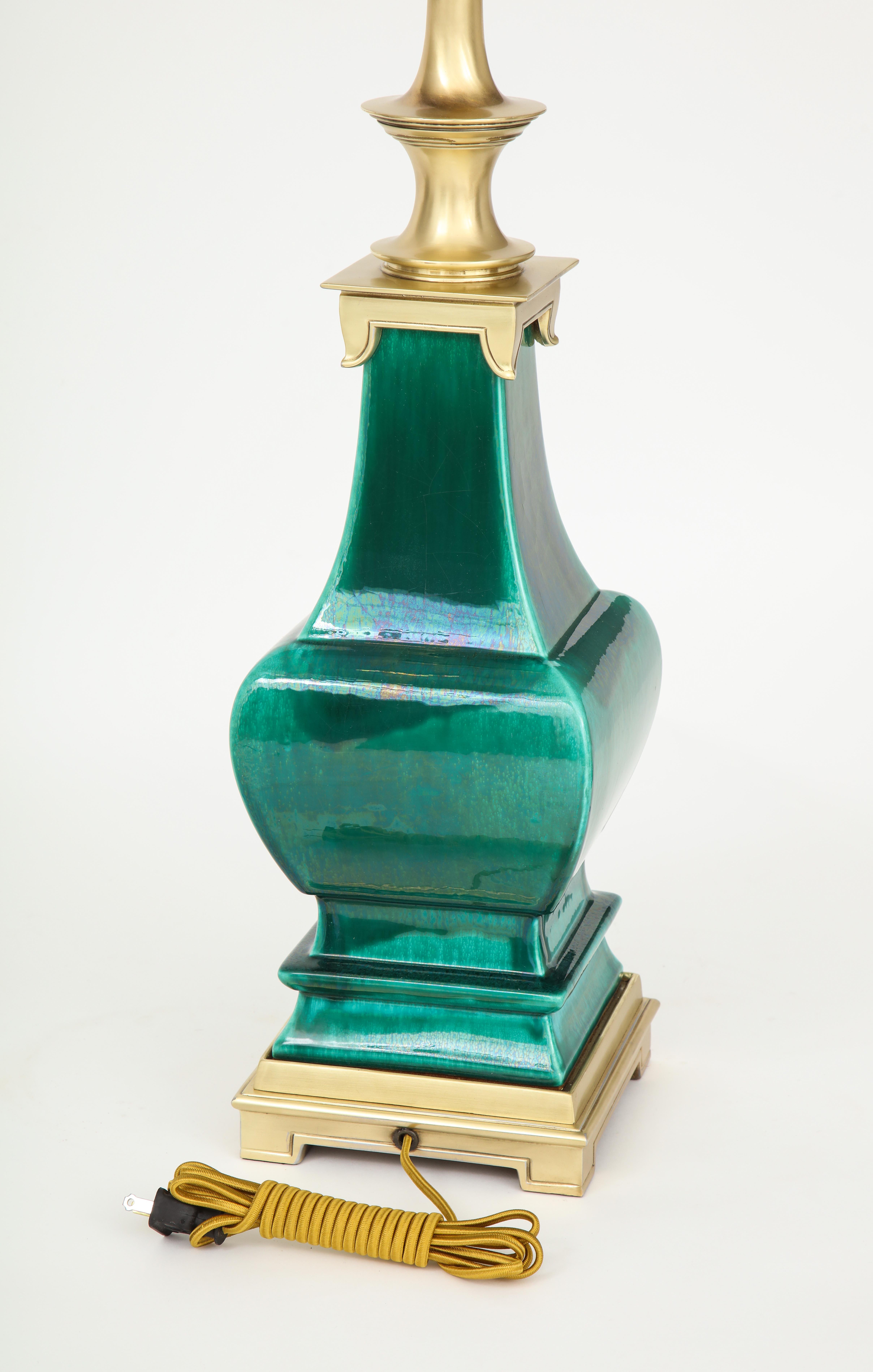 20th Century Stffel Emerald Green Porcelain, Brass Lamps