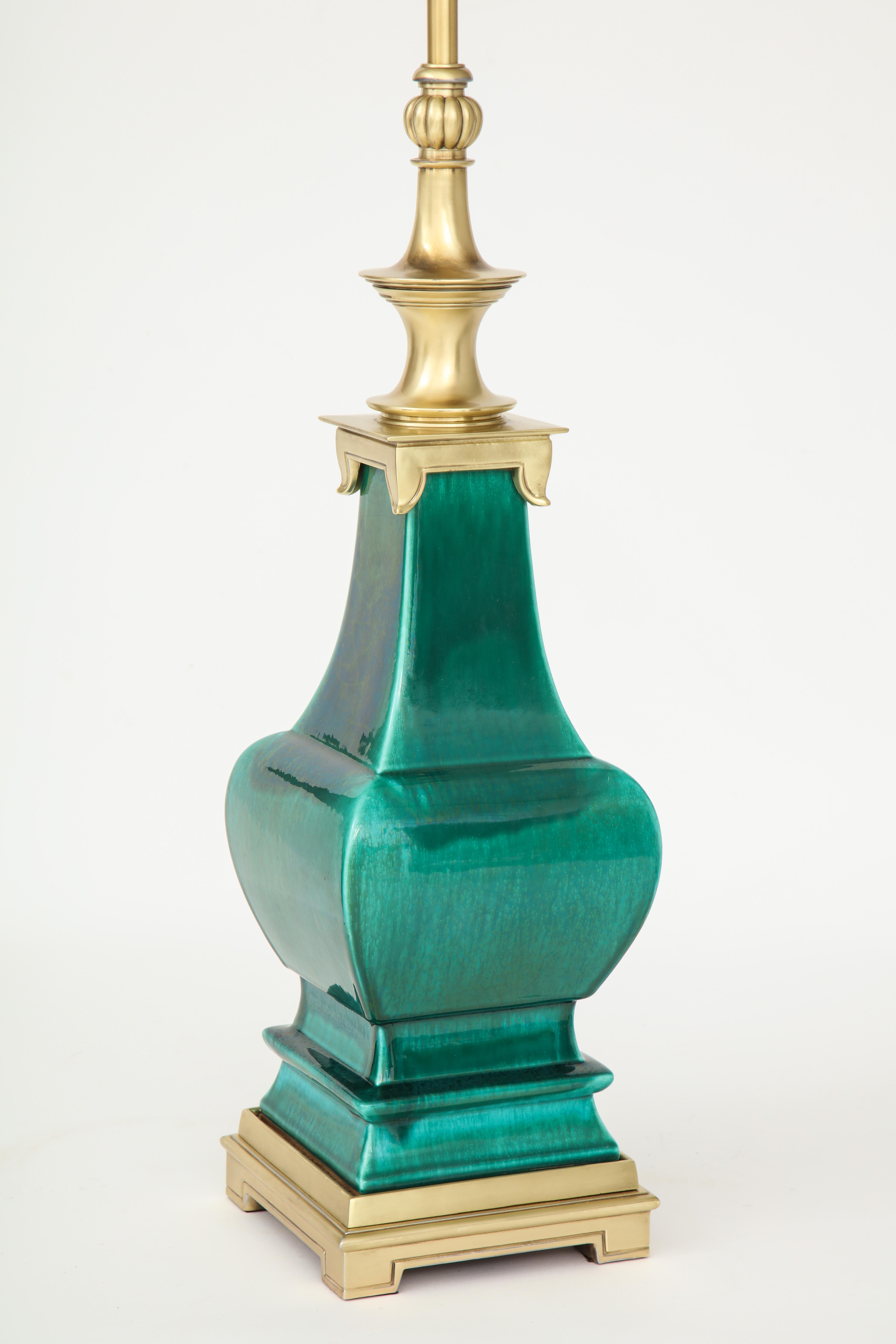Stffel Emerald Green Porcelain, Brass Lamps 1