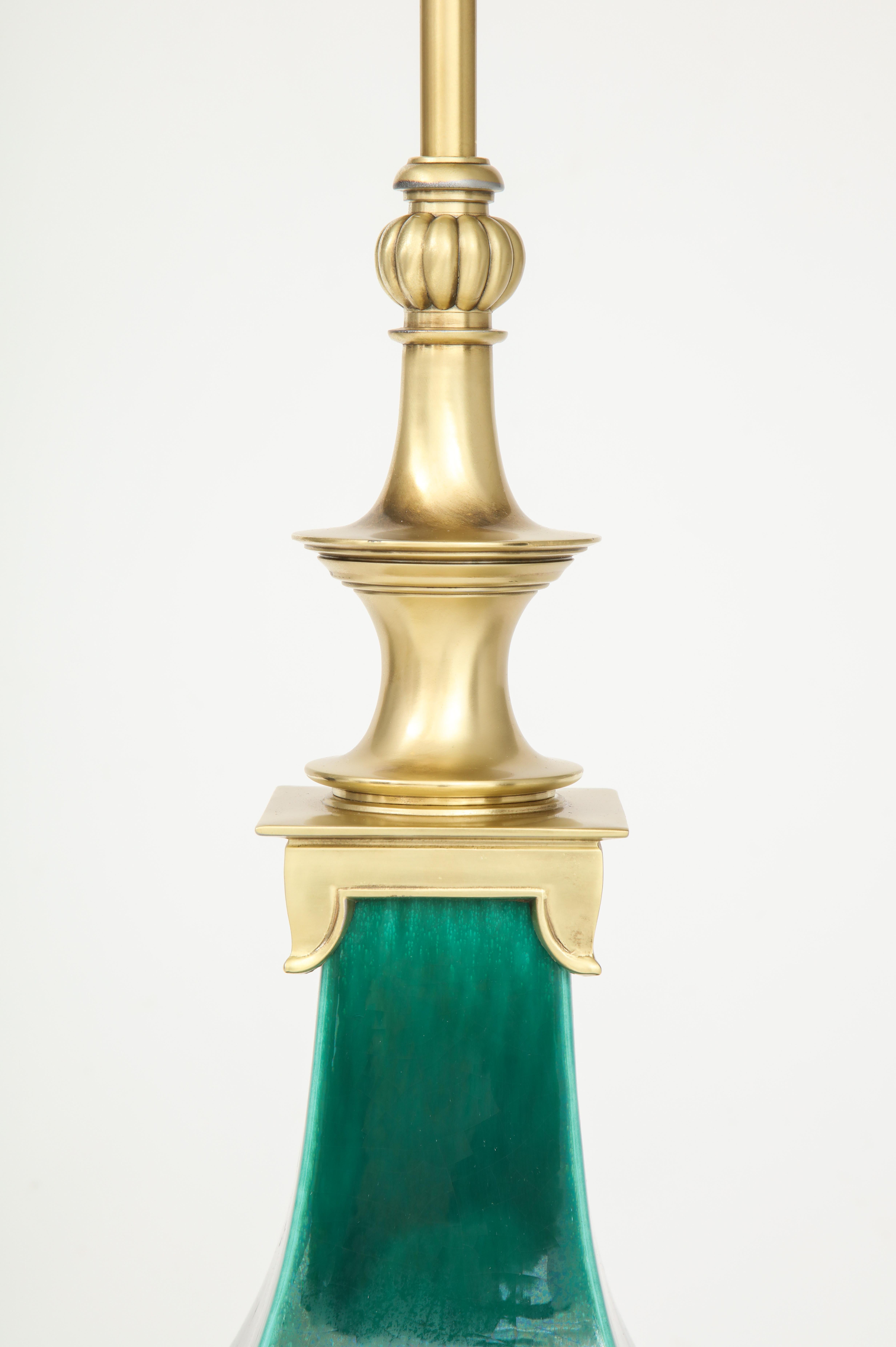 Stffel Emerald Green Porcelain, Brass Lamps 2